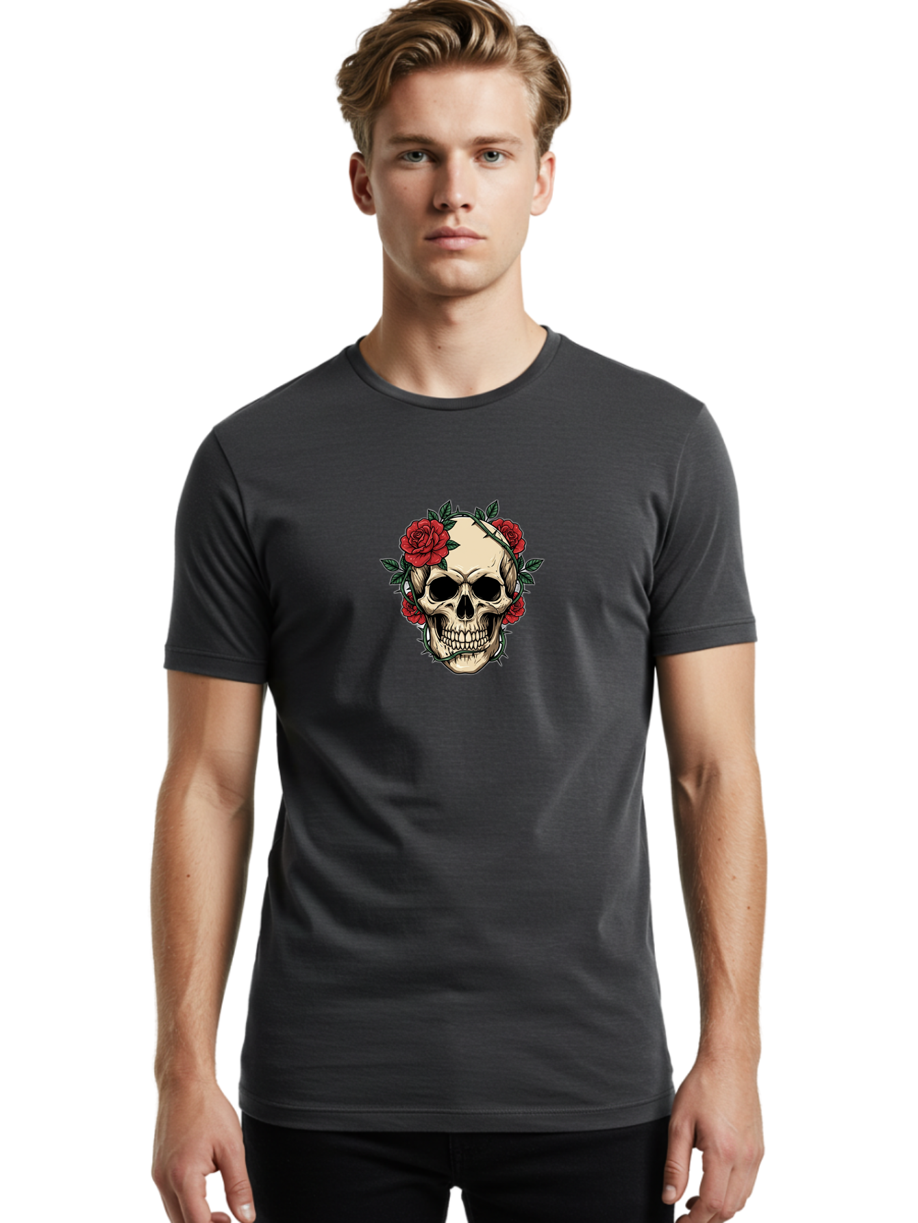 Skull-With-Roses-1 Men'S Graphic Tee, 100% Cotton, Comfortable Casual Summer Wear, Machine Washable, Skull With Flowers, Rose Wreath, Gothic Style, Human Skull, Floral Decoration, Tattoo Art, Dark Aesthetics, Symbolism, Mysterious Vibes, Bad614