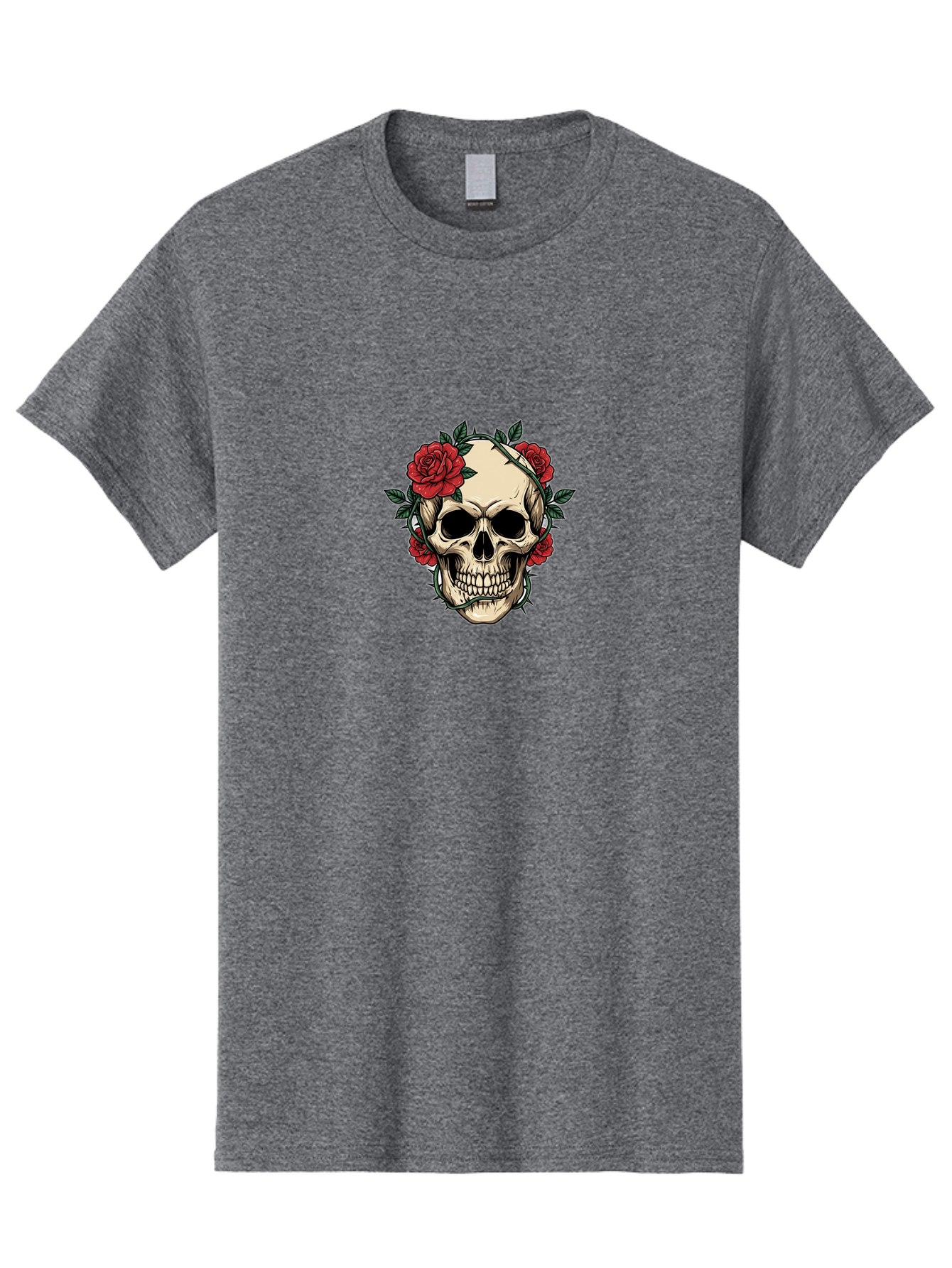 Skull-With-Roses-1 Men'S Graphic Tee, 100% Cotton, Comfortable Casual Summer Wear, Machine Washable, Skull With Flowers, Rose Wreath, Gothic Style, Human Skull, Floral Decoration, Tattoo Art, Dark Aesthetics, Symbolism, Mysterious Vibes, Bad614