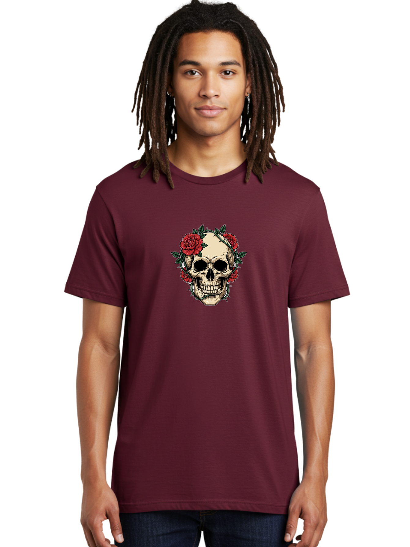 Skull-With-Roses-1 Men'S Graphic Tee, 100% Cotton, Comfortable Casual Summer Wear, Machine Washable, Skull With Flowers, Rose Wreath, Gothic Style, Human Skull, Floral Decoration, Tattoo Art, Dark Aesthetics, Symbolism, Mysterious Vibes, Bad614