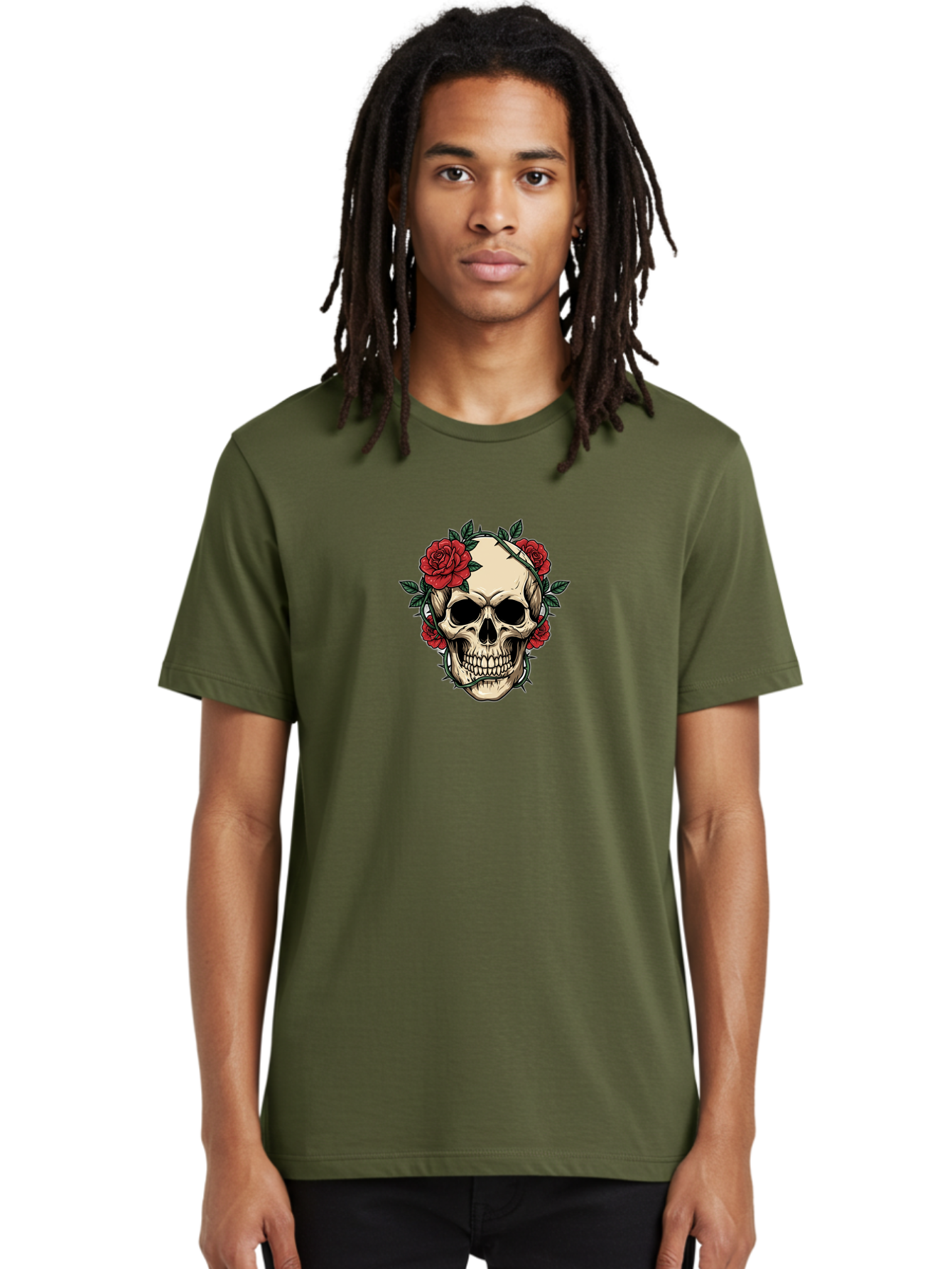 Skull-With-Roses-1 Men'S Graphic Tee, 100% Cotton, Comfortable Casual Summer Wear, Machine Washable, Skull With Flowers, Rose Wreath, Gothic Style, Human Skull, Floral Decoration, Tattoo Art, Dark Aesthetics, Symbolism, Mysterious Vibes, Bad614