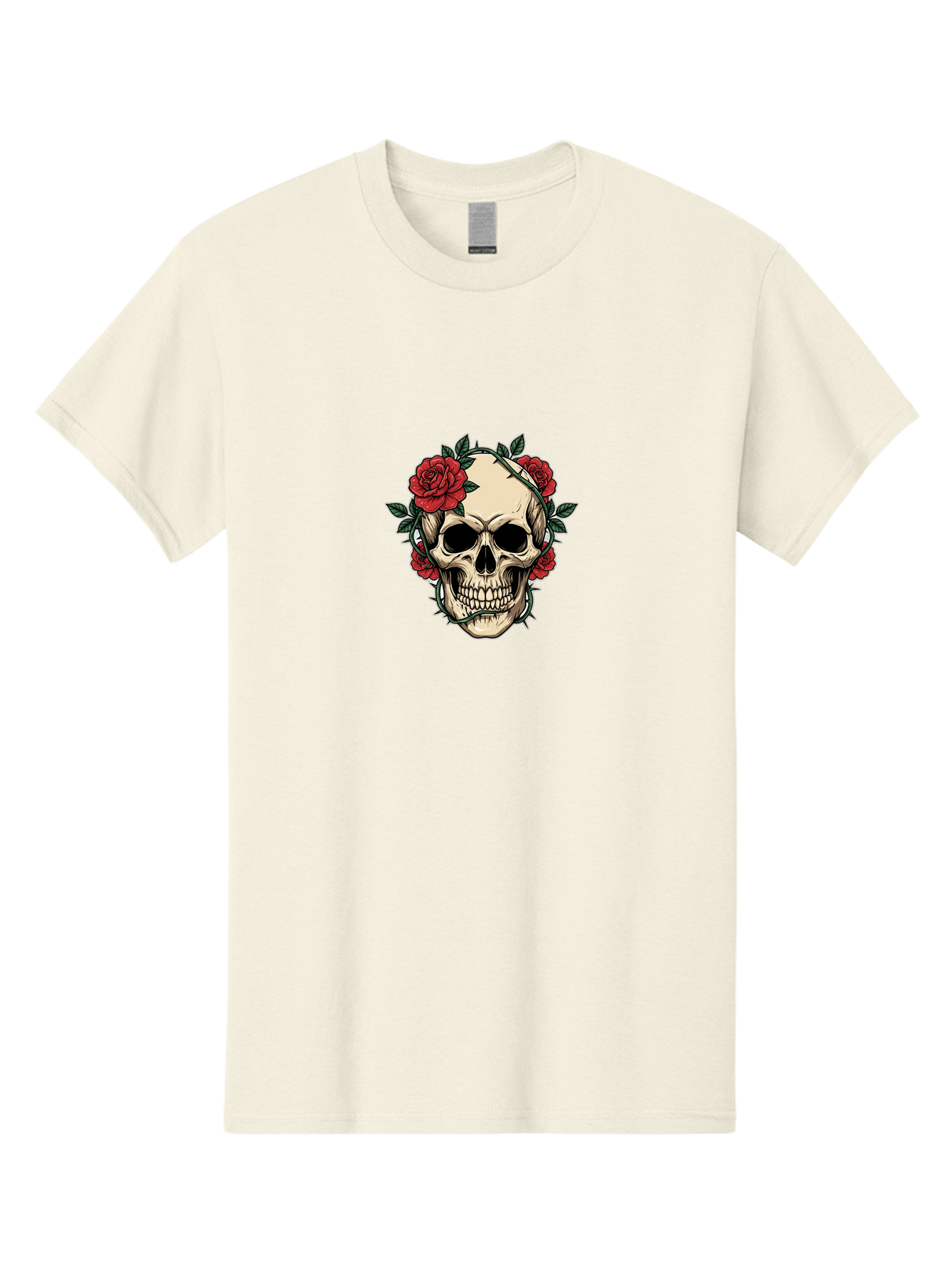 Skull-With-Roses-1 Men'S Graphic Tee, 100% Cotton, Comfortable Casual Summer Wear, Machine Washable, Skull With Flowers, Rose Wreath, Gothic Style, Human Skull, Floral Decoration, Tattoo Art, Dark Aesthetics, Symbolism, Mysterious Vibes, Bad614