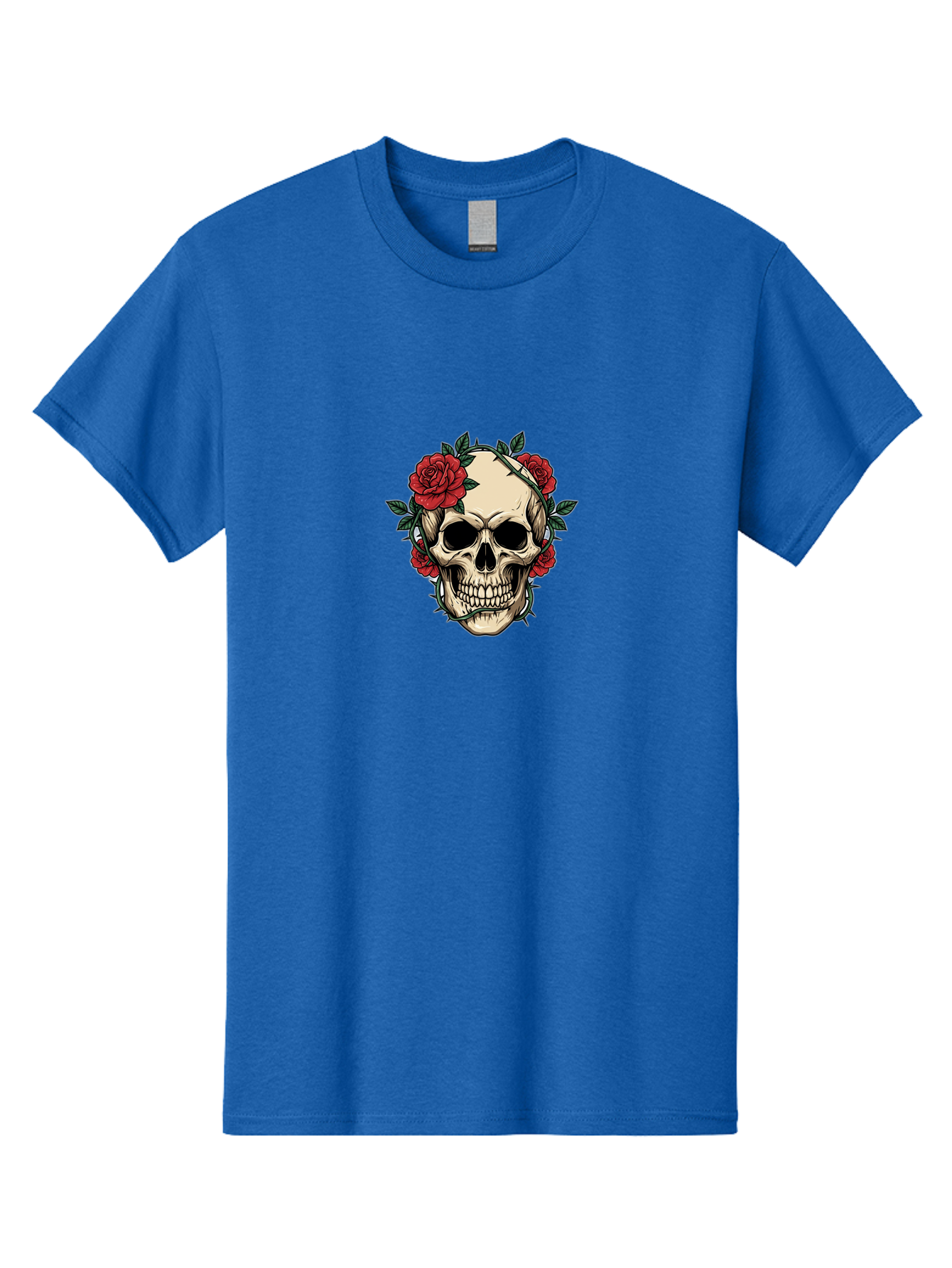 Skull-With-Roses-1 Men'S Graphic Tee, 100% Cotton, Comfortable Casual Summer Wear, Machine Washable, Skull With Flowers, Rose Wreath, Gothic Style, Human Skull, Floral Decoration, Tattoo Art, Dark Aesthetics, Symbolism, Mysterious Vibes, Bad614