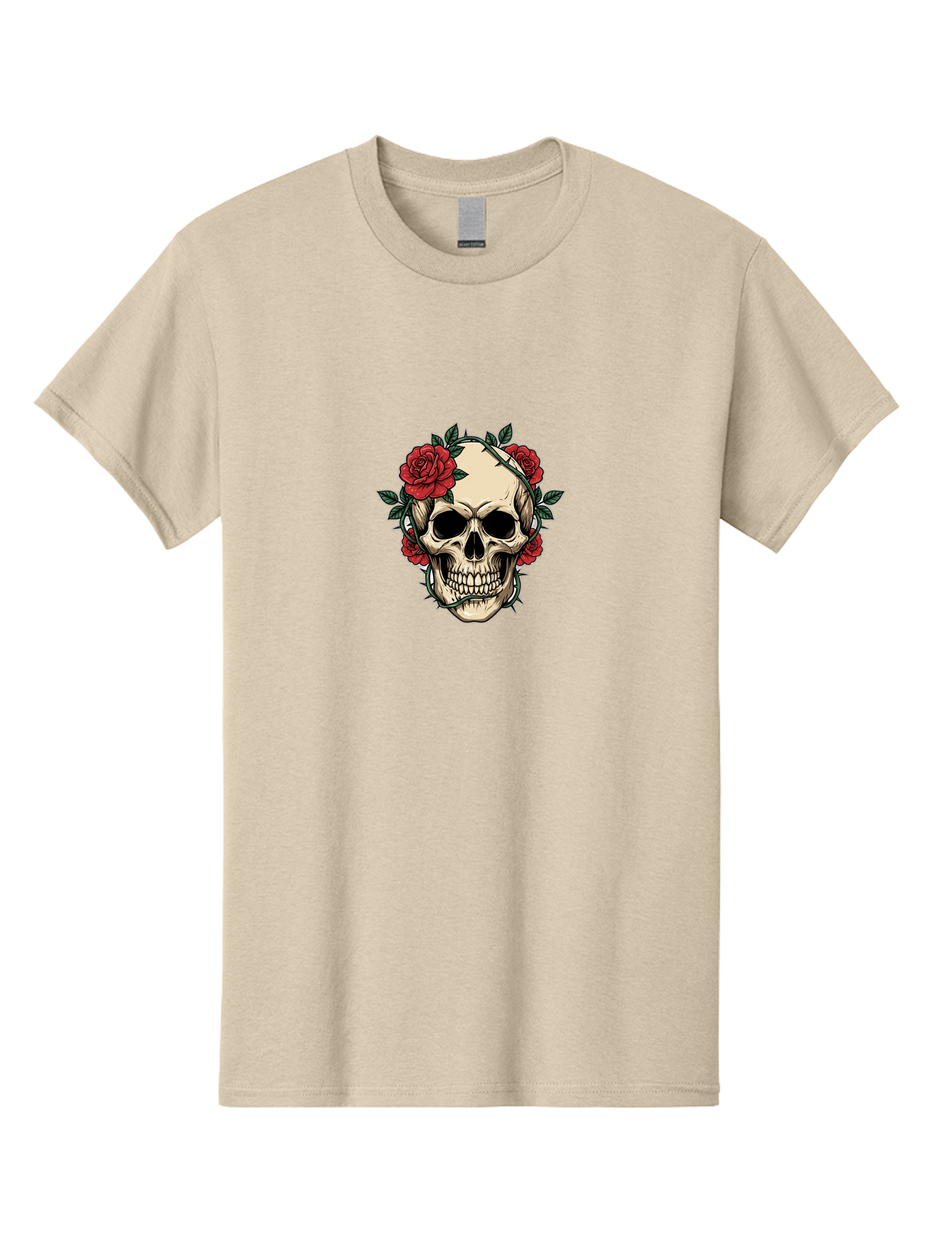 Skull-With-Roses-1 Men'S Graphic Tee, 100% Cotton, Comfortable Casual Summer Wear, Machine Washable, Skull With Flowers, Rose Wreath, Gothic Style, Human Skull, Floral Decoration, Tattoo Art, Dark Aesthetics, Symbolism, Mysterious Vibes, Bad614