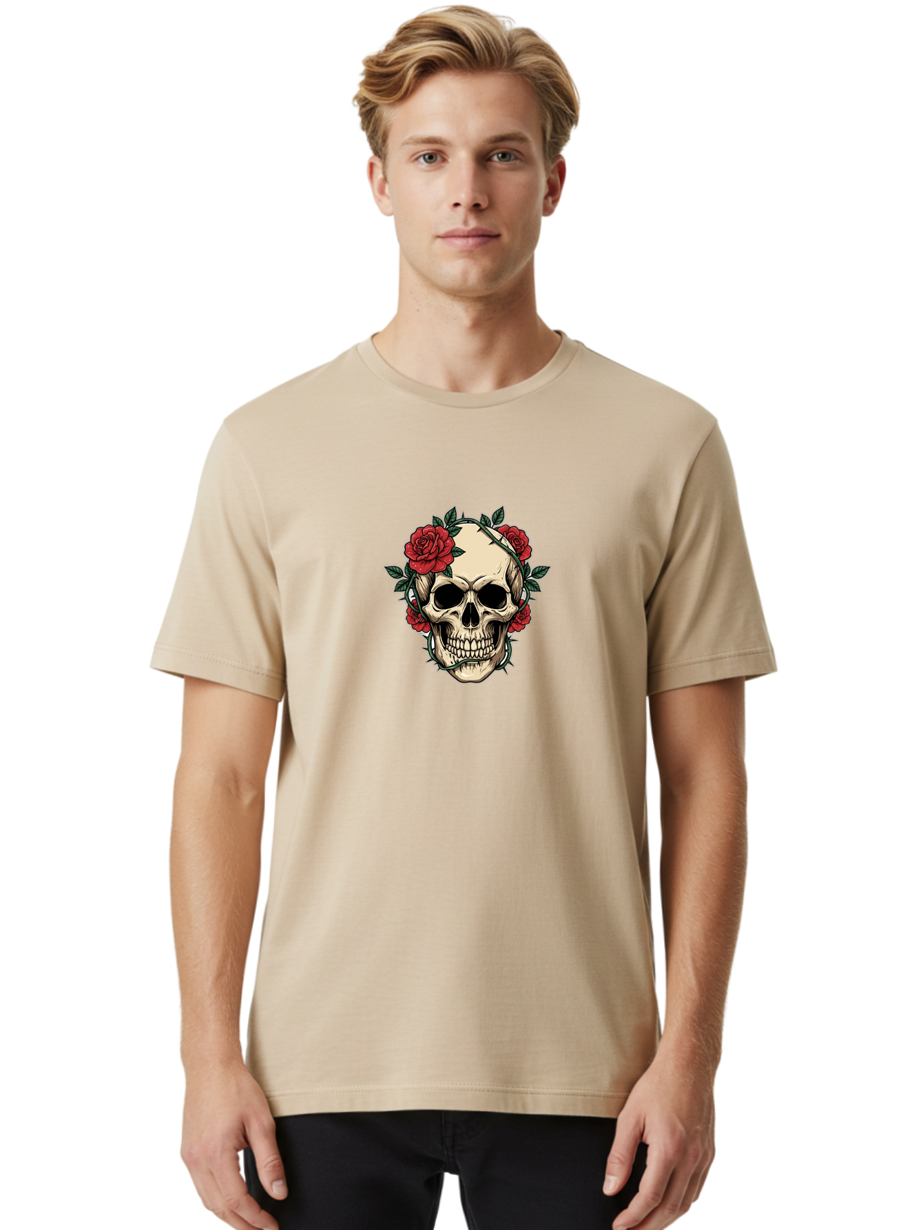 Skull-With-Roses-1 Men'S Graphic Tee, 100% Cotton, Comfortable Casual Summer Wear, Machine Washable, Skull With Flowers, Rose Wreath, Gothic Style, Human Skull, Floral Decoration, Tattoo Art, Dark Aesthetics, Symbolism, Mysterious Vibes, Bad614