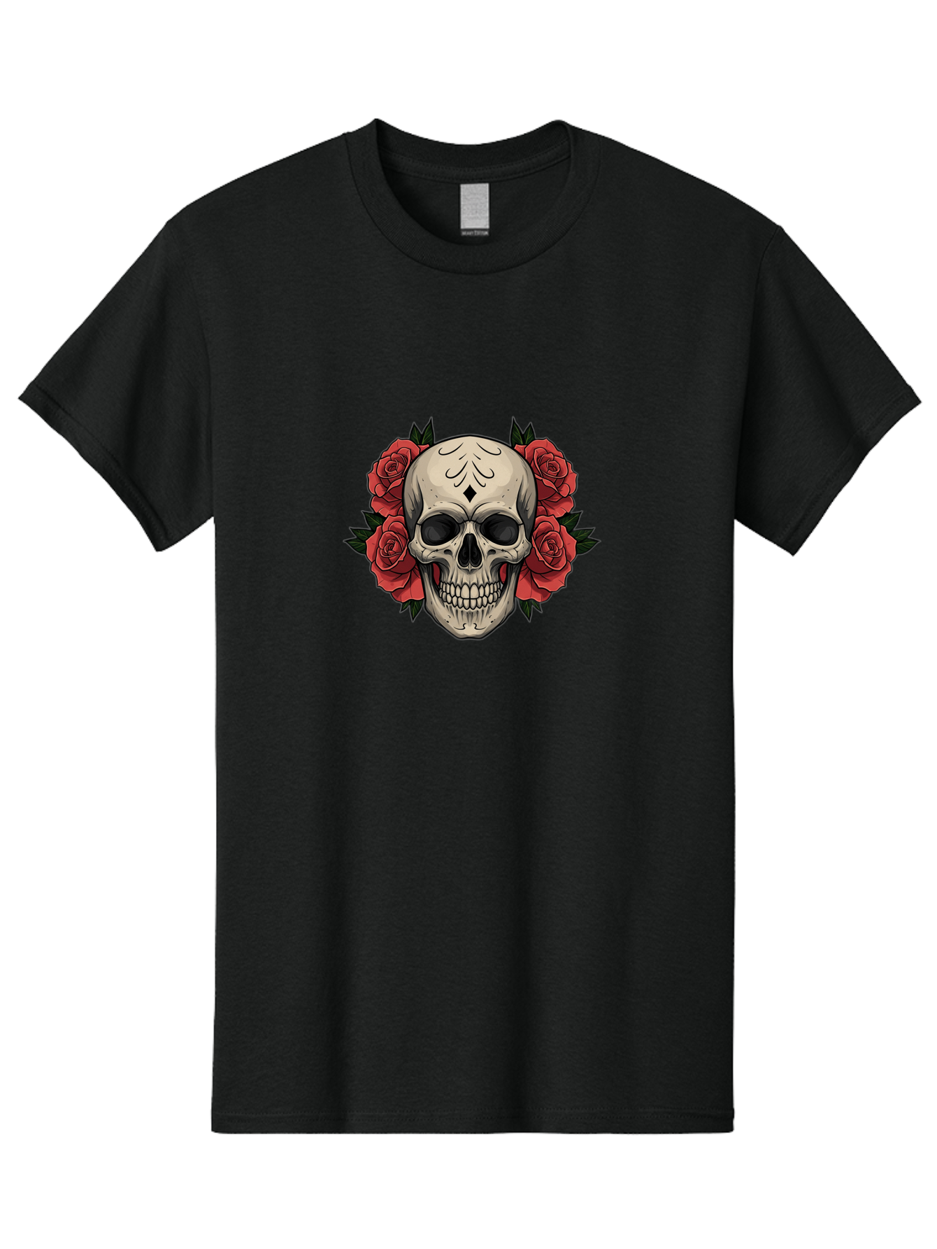 Skull-With-Roses-2 Men'S Graphic Tee, 100% Cotton, Comfortable Casual Summer Wear, Machine Washable, Skull Illustration, Red Roses, Sugar Skull, Floral Design, Gothic Art, Day Of The Dead, Tattoo Art, Skull With Flowers Bad615