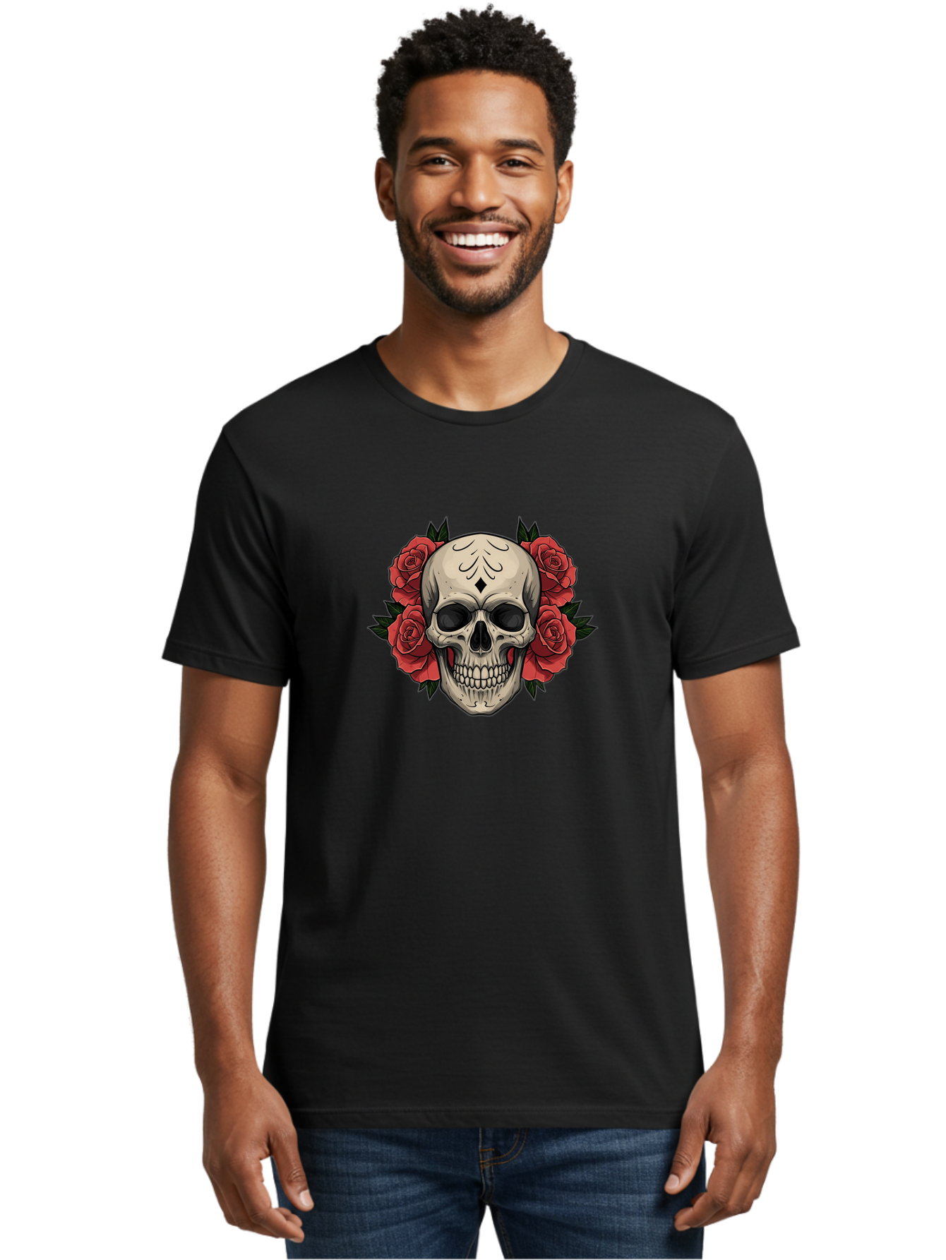 Skull-With-Roses-2 Men'S Graphic Tee, 100% Cotton, Comfortable Casual Summer Wear, Machine Washable, Skull Illustration, Red Roses, Sugar Skull, Floral Design, Gothic Art, Day Of The Dead, Tattoo Art, Skull With Flowers Bad615