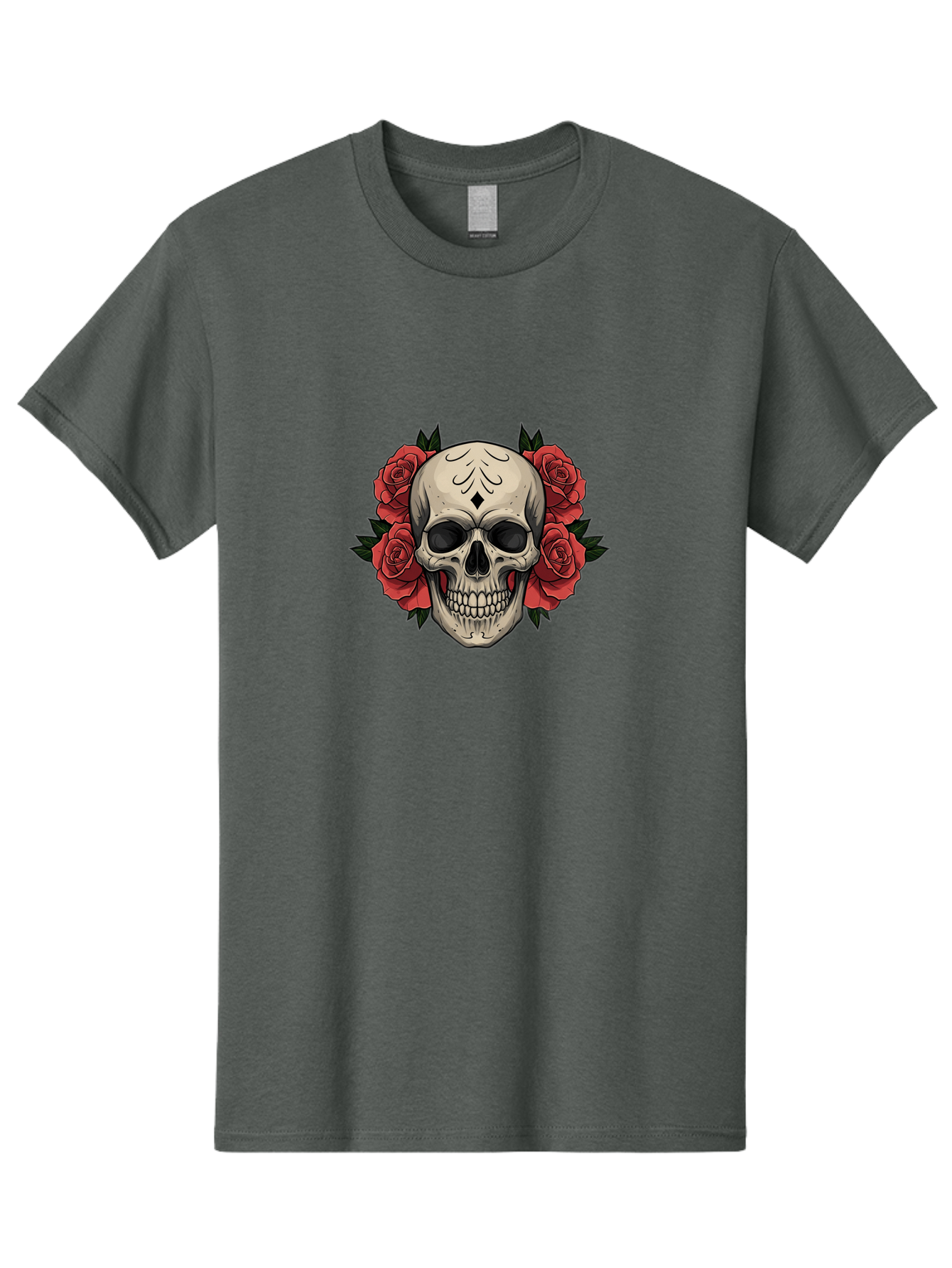 Skull-With-Roses-2 Men'S Graphic Tee, 100% Cotton, Comfortable Casual Summer Wear, Machine Washable, Skull Illustration, Red Roses, Sugar Skull, Floral Design, Gothic Art, Day Of The Dead, Tattoo Art, Skull With Flowers Bad615