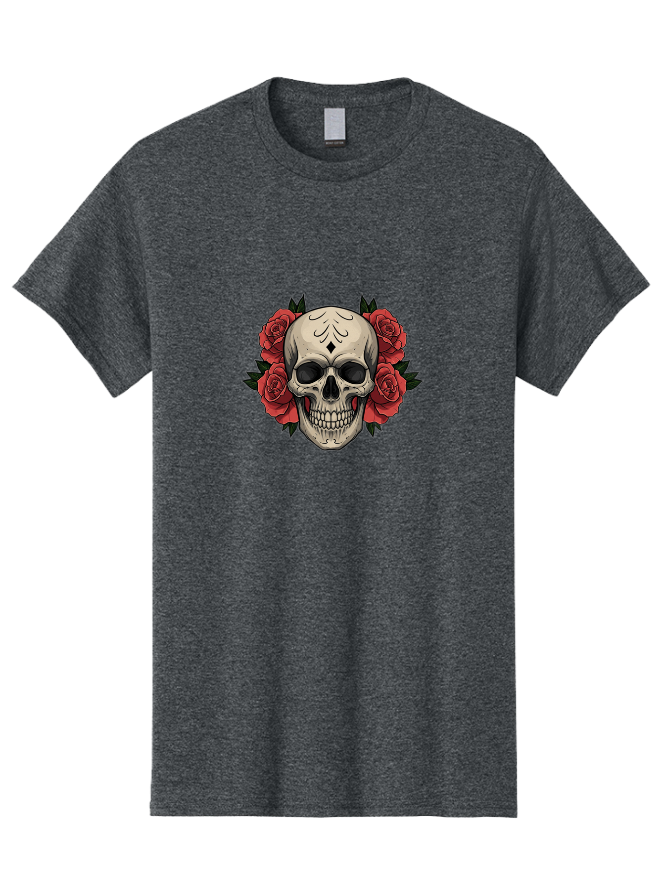 Skull-With-Roses-2 Men'S Graphic Tee, 100% Cotton, Comfortable Casual Summer Wear, Machine Washable, Skull Illustration, Red Roses, Sugar Skull, Floral Design, Gothic Art, Day Of The Dead, Tattoo Art, Skull With Flowers Bad615