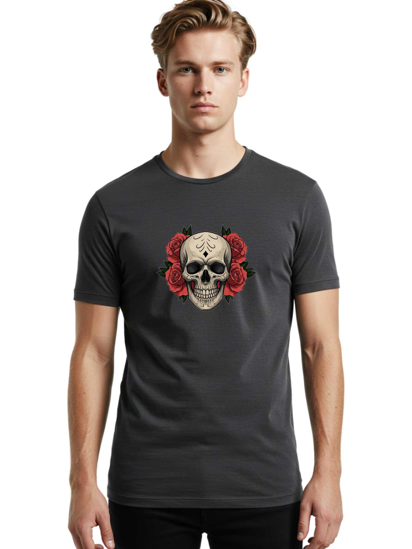 Skull-With-Roses-2 Men'S Graphic Tee, 100% Cotton, Comfortable Casual Summer Wear, Machine Washable, Skull Illustration, Red Roses, Sugar Skull, Floral Design, Gothic Art, Day Of The Dead, Tattoo Art, Skull With Flowers Bad615