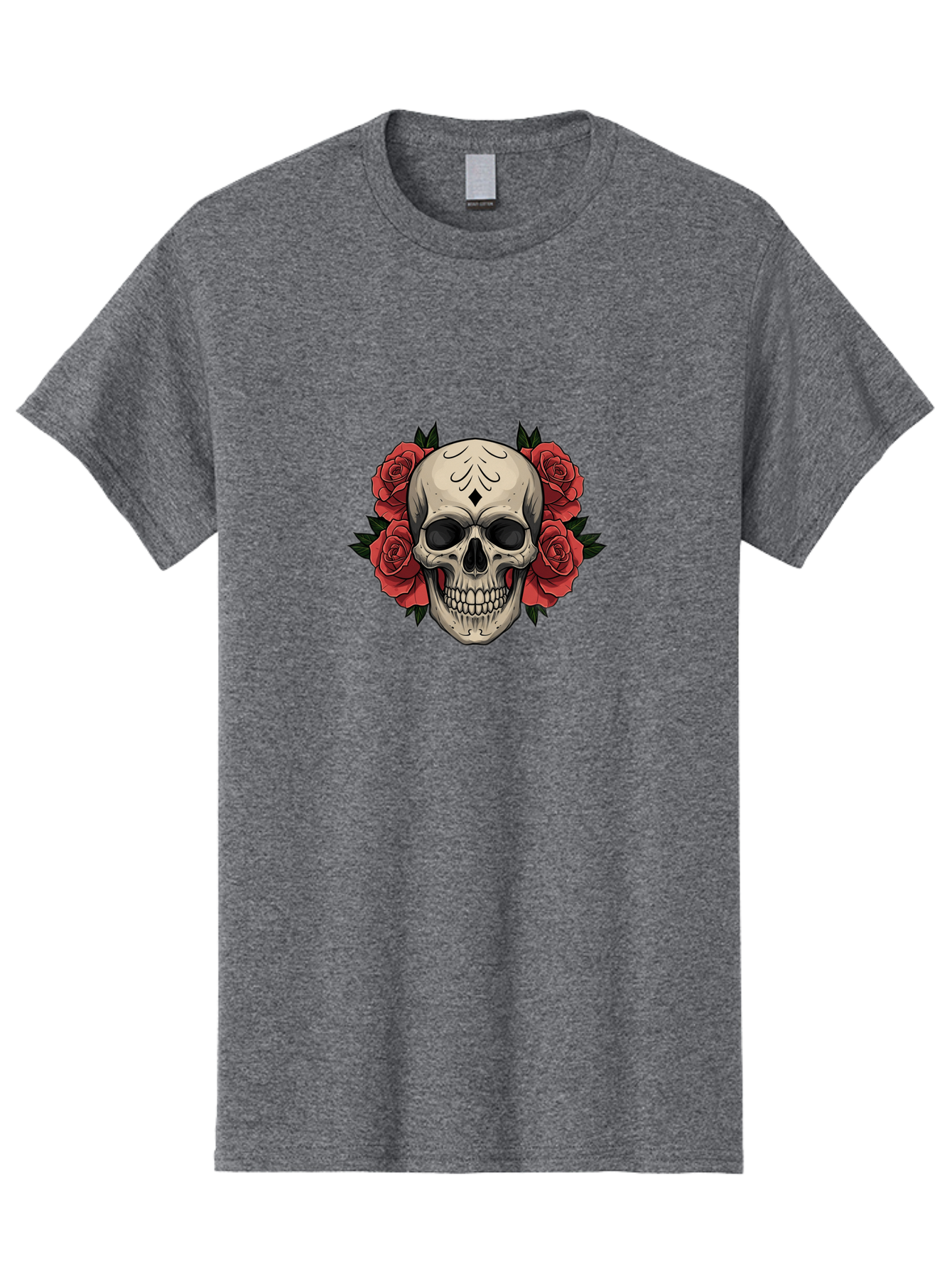 Skull-With-Roses-2 Men'S Graphic Tee, 100% Cotton, Comfortable Casual Summer Wear, Machine Washable, Skull Illustration, Red Roses, Sugar Skull, Floral Design, Gothic Art, Day Of The Dead, Tattoo Art, Skull With Flowers Bad615