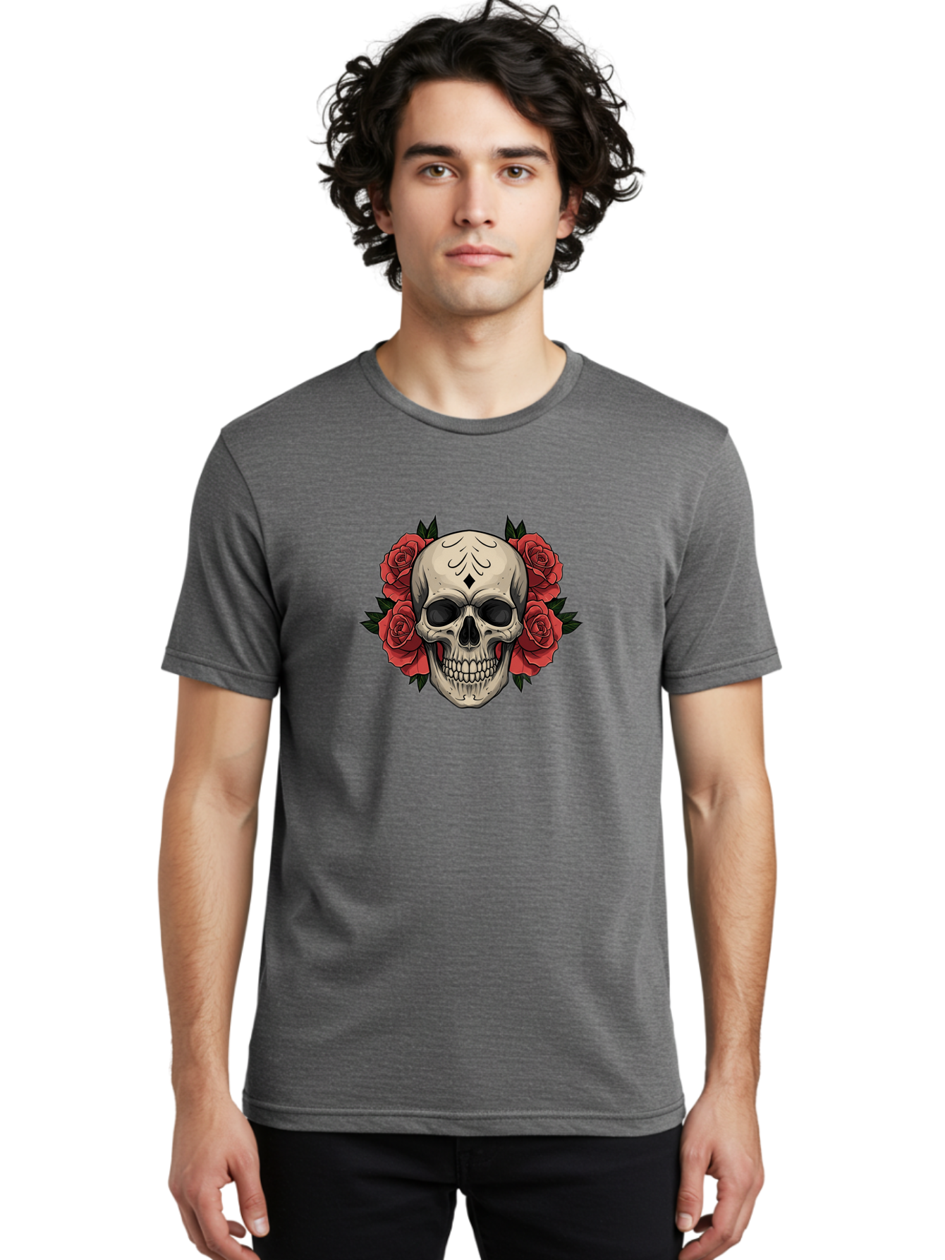 Skull-With-Roses-2 Men'S Graphic Tee, 100% Cotton, Comfortable Casual Summer Wear, Machine Washable, Skull Illustration, Red Roses, Sugar Skull, Floral Design, Gothic Art, Day Of The Dead, Tattoo Art, Skull With Flowers Bad615