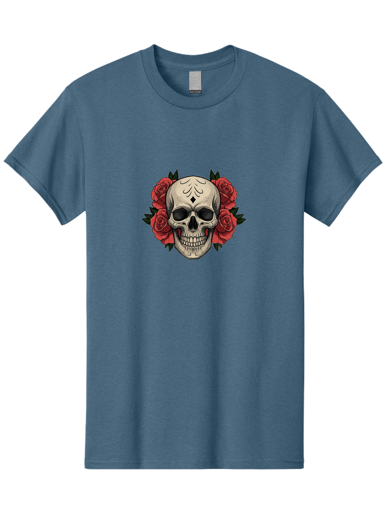Skull-With-Roses-2 Men'S Graphic Tee, 100% Cotton, Comfortable Casual Summer Wear, Machine Washable, Skull Illustration, Red Roses, Sugar Skull, Floral Design, Gothic Art, Day Of The Dead, Tattoo Art, Skull With Flowers Bad615