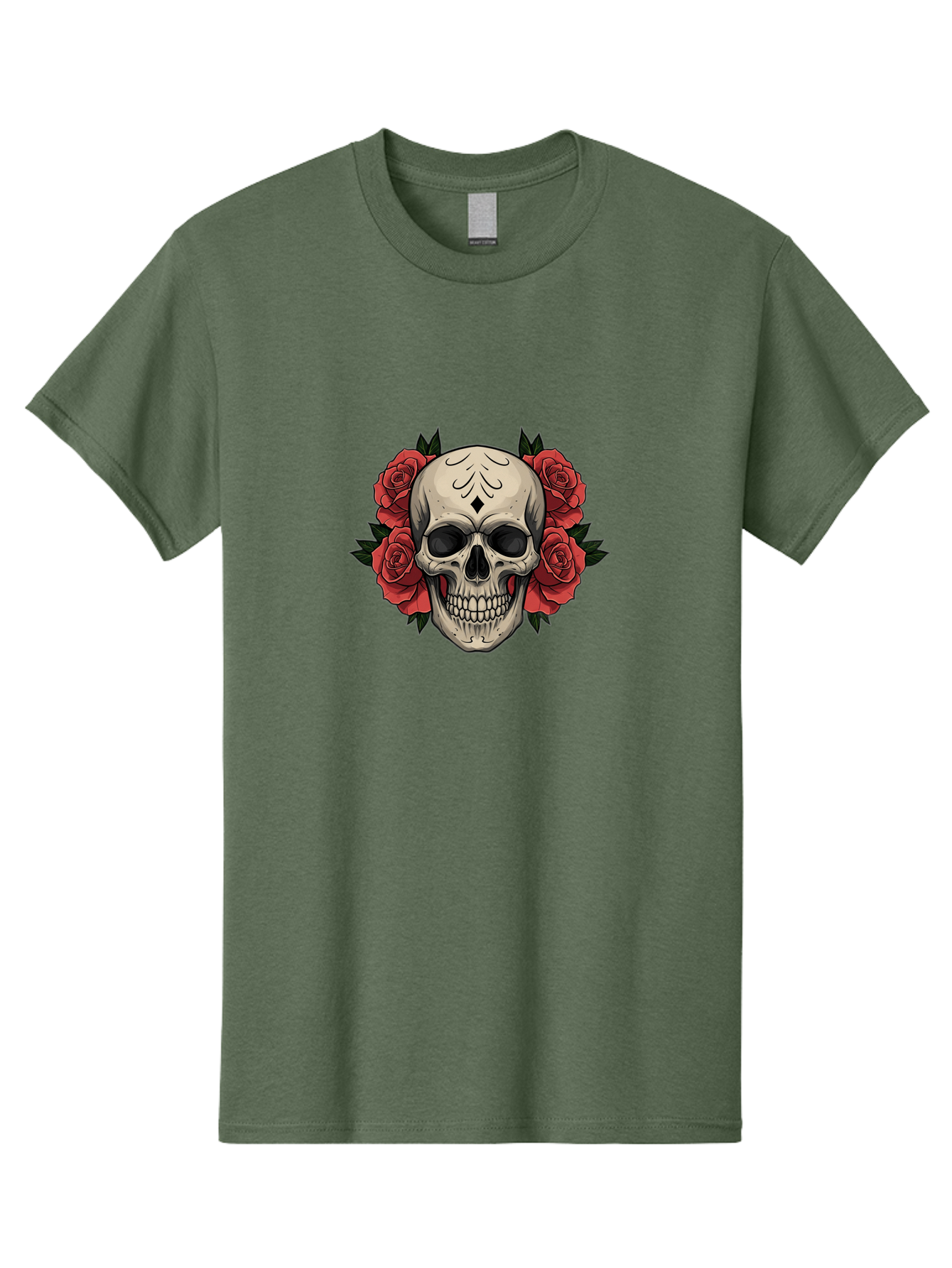 Skull-With-Roses-2 Men'S Graphic Tee, 100% Cotton, Comfortable Casual Summer Wear, Machine Washable, Skull Illustration, Red Roses, Sugar Skull, Floral Design, Gothic Art, Day Of The Dead, Tattoo Art, Skull With Flowers Bad615