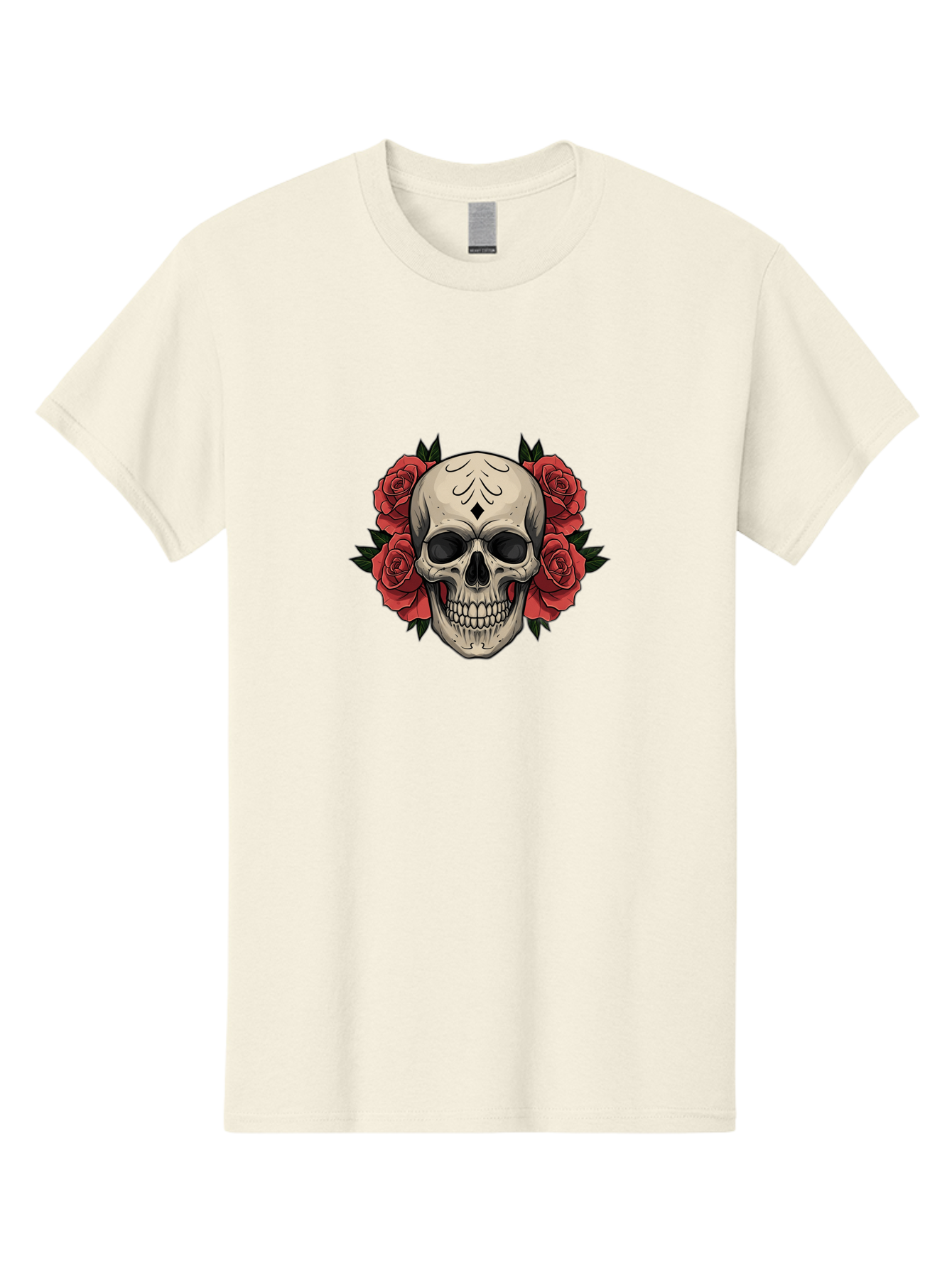 Skull-With-Roses-2 Men'S Graphic Tee, 100% Cotton, Comfortable Casual Summer Wear, Machine Washable, Skull Illustration, Red Roses, Sugar Skull, Floral Design, Gothic Art, Day Of The Dead, Tattoo Art, Skull With Flowers Bad615