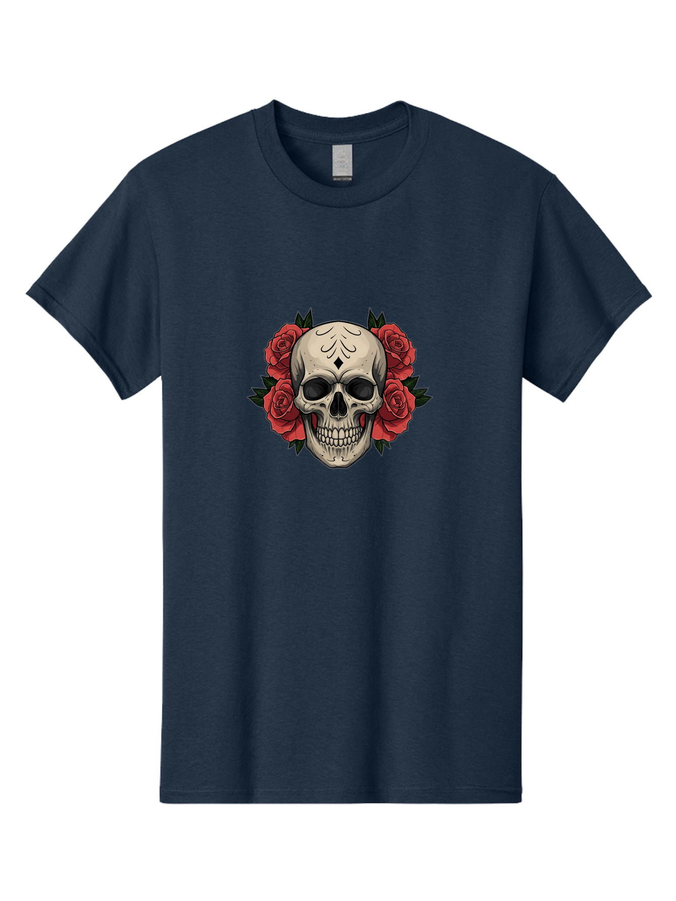 Skull-With-Roses-2 Men'S Graphic Tee, 100% Cotton, Comfortable Casual Summer Wear, Machine Washable, Skull Illustration, Red Roses, Sugar Skull, Floral Design, Gothic Art, Day Of The Dead, Tattoo Art, Skull With Flowers Bad615