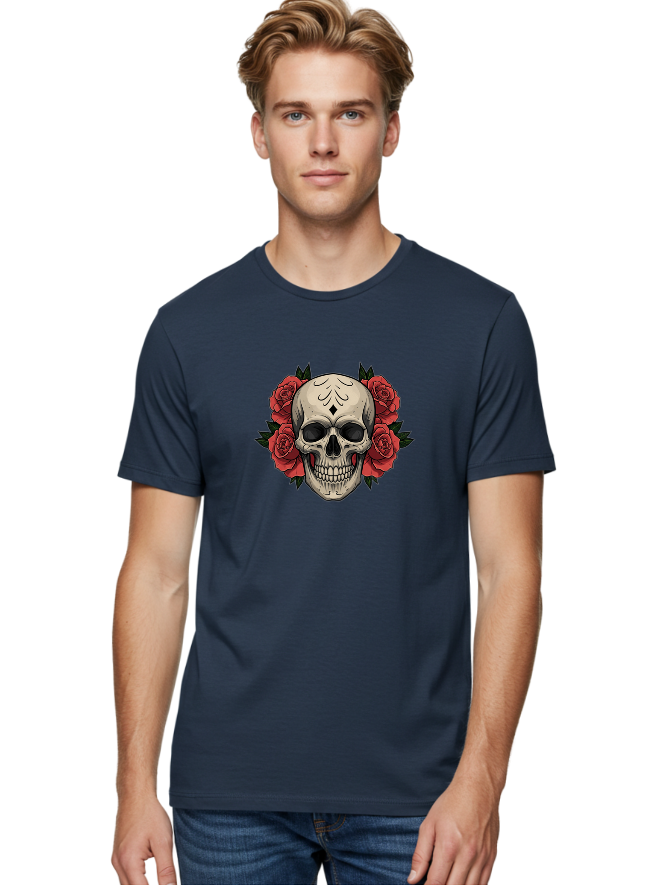 Skull-With-Roses-2 Men'S Graphic Tee, 100% Cotton, Comfortable Casual Summer Wear, Machine Washable, Skull Illustration, Red Roses, Sugar Skull, Floral Design, Gothic Art, Day Of The Dead, Tattoo Art, Skull With Flowers Bad615