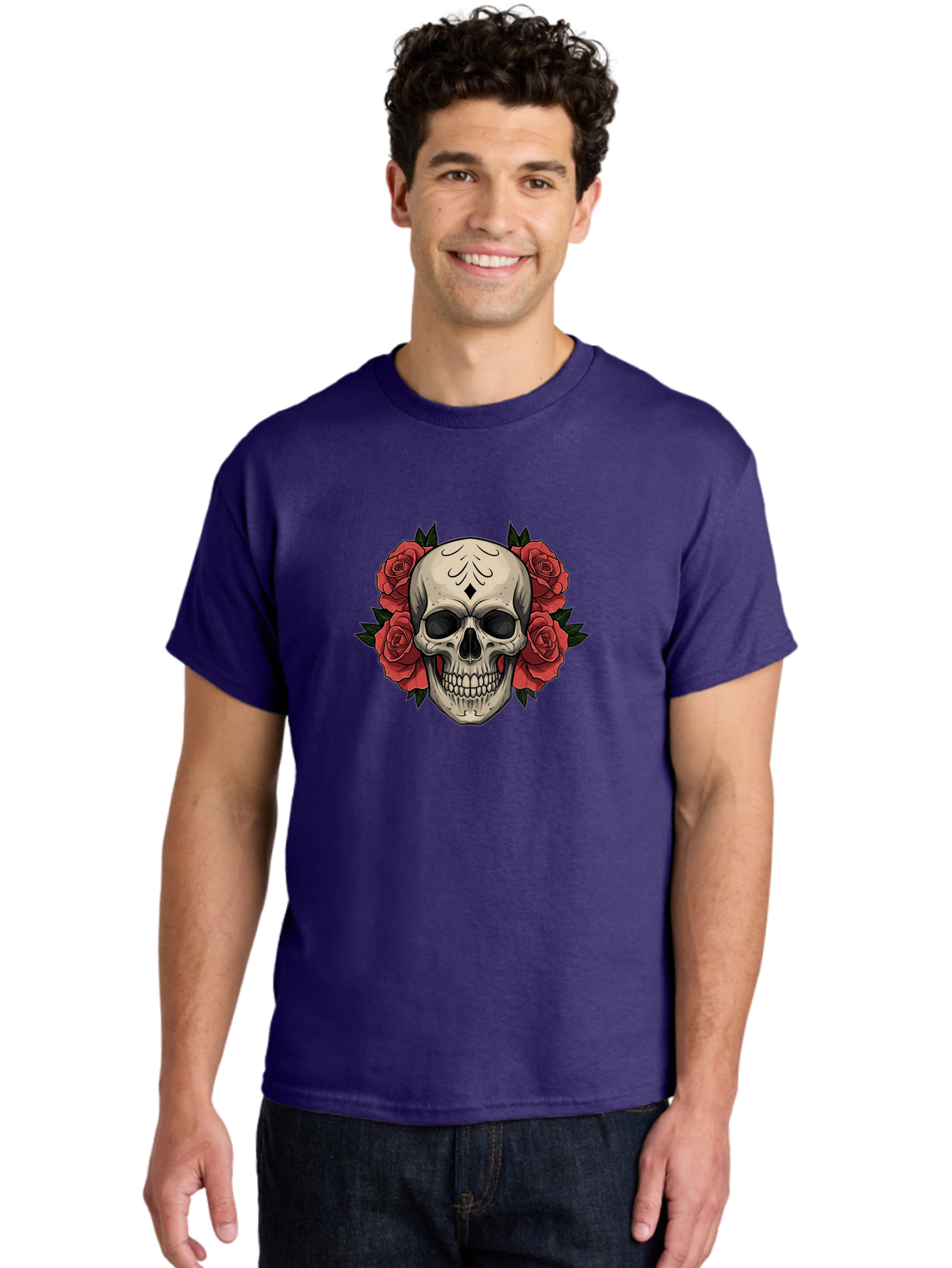 Skull-With-Roses-2 Men'S Graphic Tee, 100% Cotton, Comfortable Casual Summer Wear, Machine Washable, Skull Illustration, Red Roses, Sugar Skull, Floral Design, Gothic Art, Day Of The Dead, Tattoo Art, Skull With Flowers Bad615