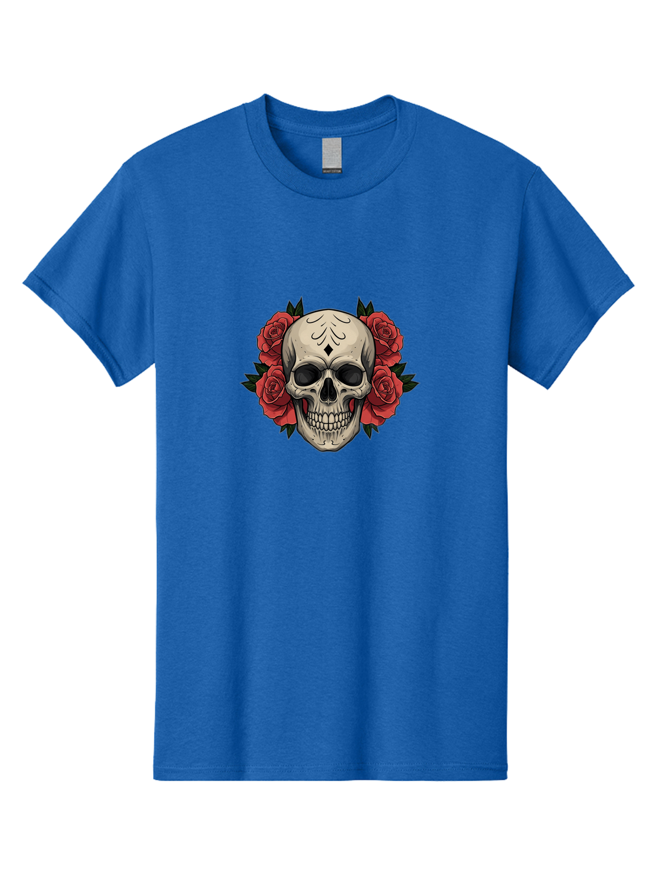 Skull-With-Roses-2 Men'S Graphic Tee, 100% Cotton, Comfortable Casual Summer Wear, Machine Washable, Skull Illustration, Red Roses, Sugar Skull, Floral Design, Gothic Art, Day Of The Dead, Tattoo Art, Skull With Flowers Bad615