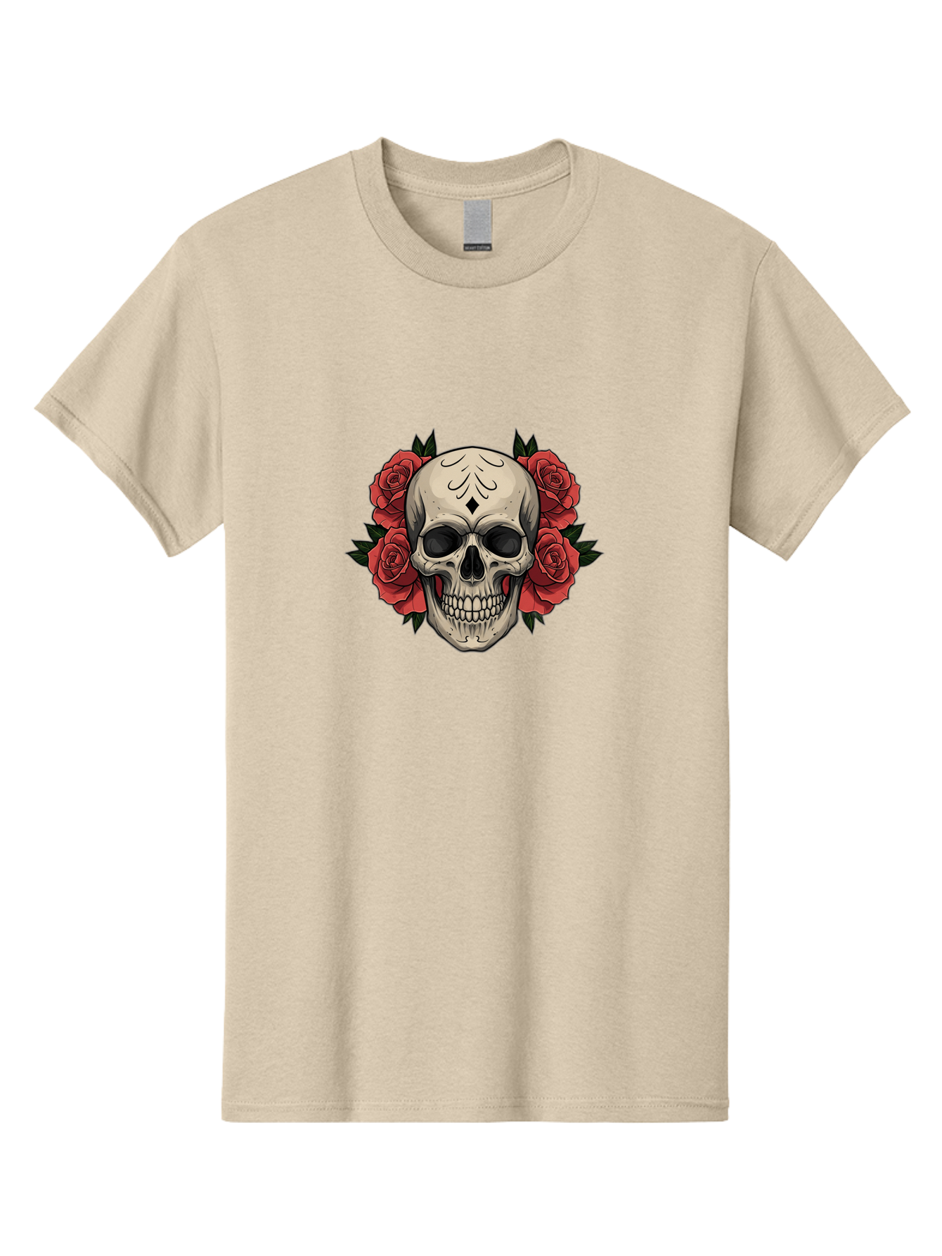 Skull-With-Roses-2 Men'S Graphic Tee, 100% Cotton, Comfortable Casual Summer Wear, Machine Washable, Skull Illustration, Red Roses, Sugar Skull, Floral Design, Gothic Art, Day Of The Dead, Tattoo Art, Skull With Flowers Bad615