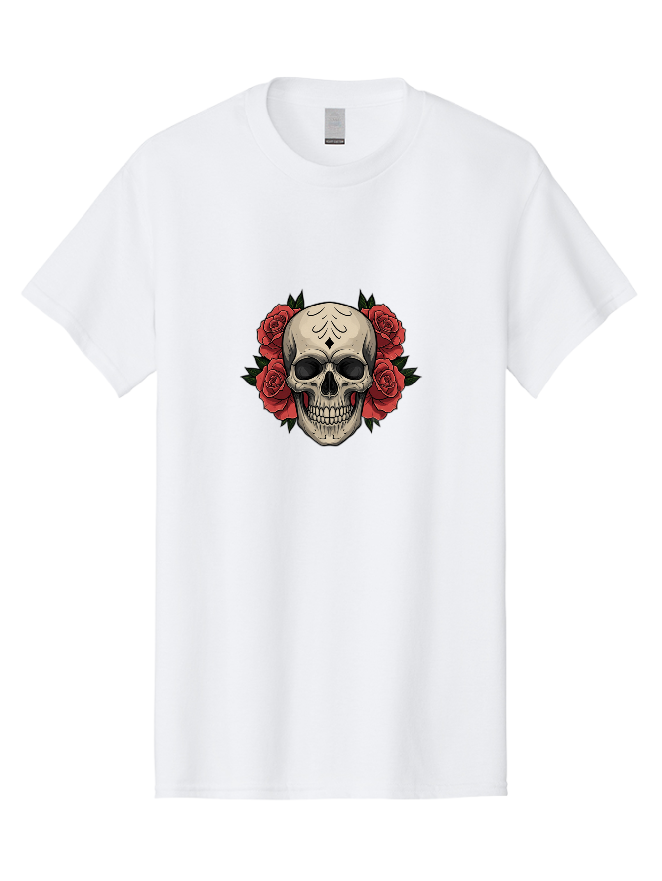 Skull-With-Roses-2 Men'S Graphic Tee, 100% Cotton, Comfortable Casual Summer Wear, Machine Washable, Skull Illustration, Red Roses, Sugar Skull, Floral Design, Gothic Art, Day Of The Dead, Tattoo Art, Skull With Flowers Bad615