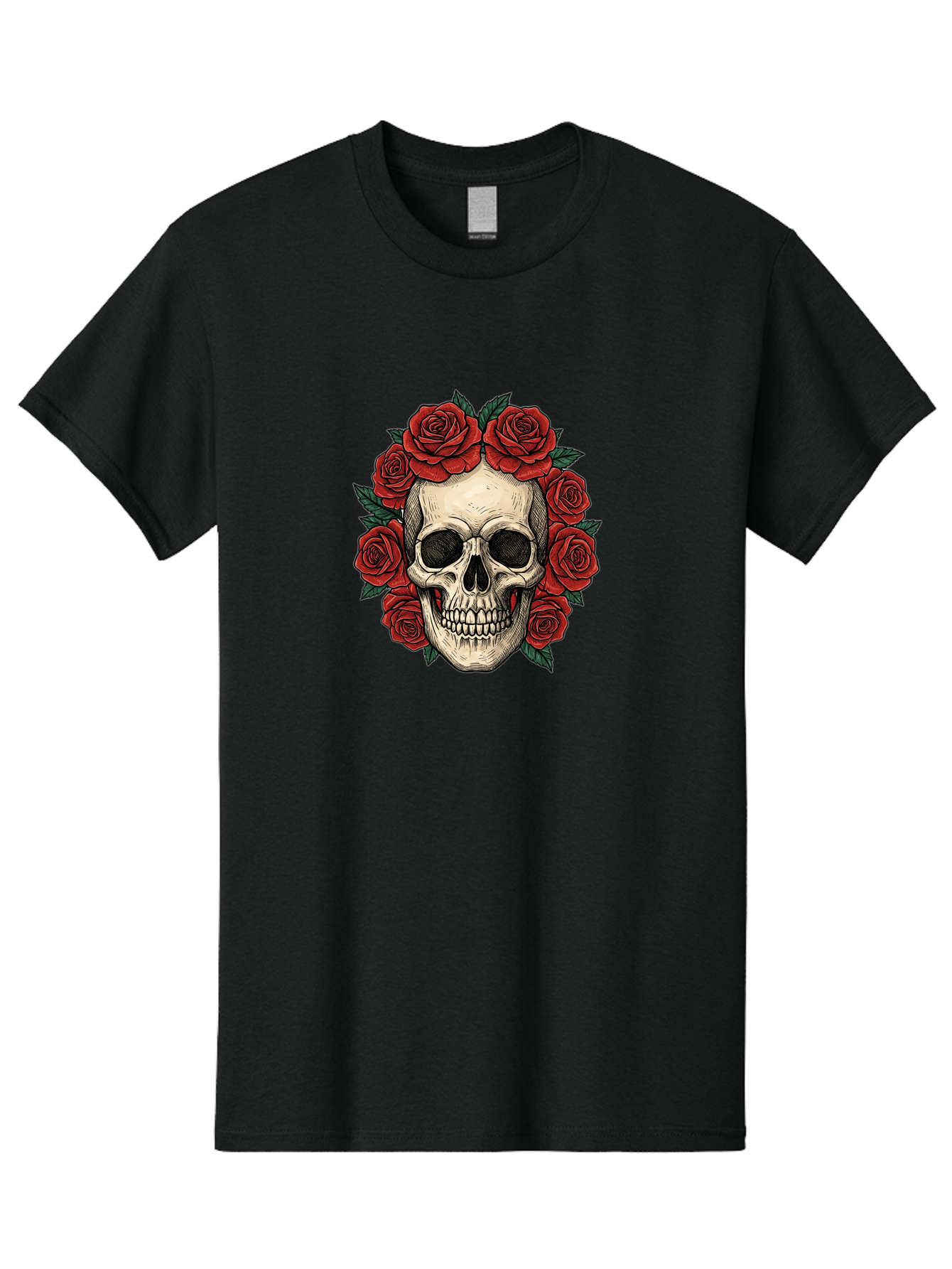 Skull-With-Roses-3 Men'S Graphic Tee, 100% Cotton, Comfortable Casual Summer Wear, Machine Washable, Skull With Red Roses, Sugar Skull, Day Of The Dead, Floral Wreath, Gothic Romance, Dark Art, Vintage Illustration, Red Roses, Tattoo Art Bad616