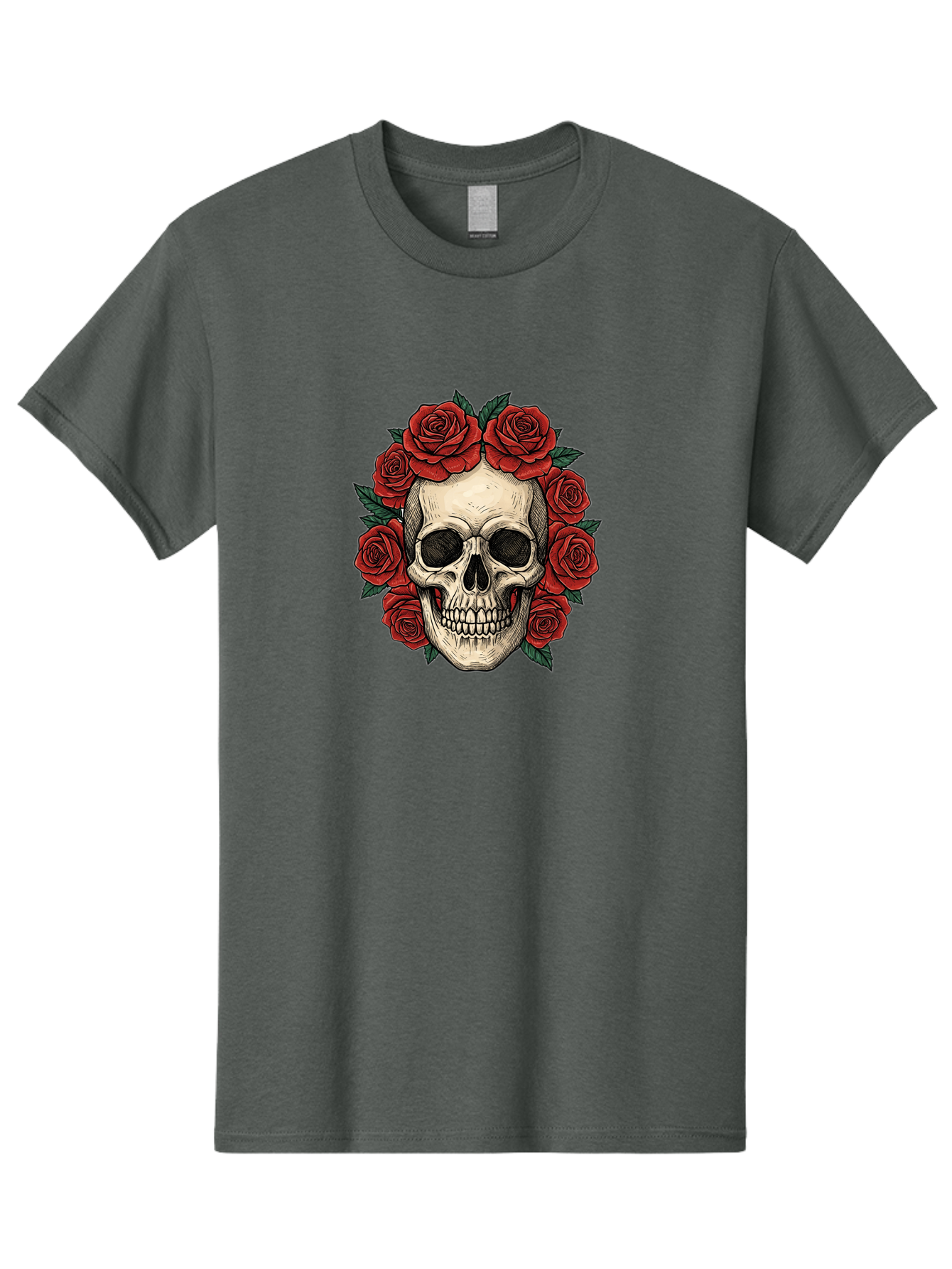 Skull-With-Roses-3 Men'S Graphic Tee, 100% Cotton, Comfortable Casual Summer Wear, Machine Washable, Skull With Red Roses, Sugar Skull, Day Of The Dead, Floral Wreath, Gothic Romance, Dark Art, Vintage Illustration, Red Roses, Tattoo Art Bad616