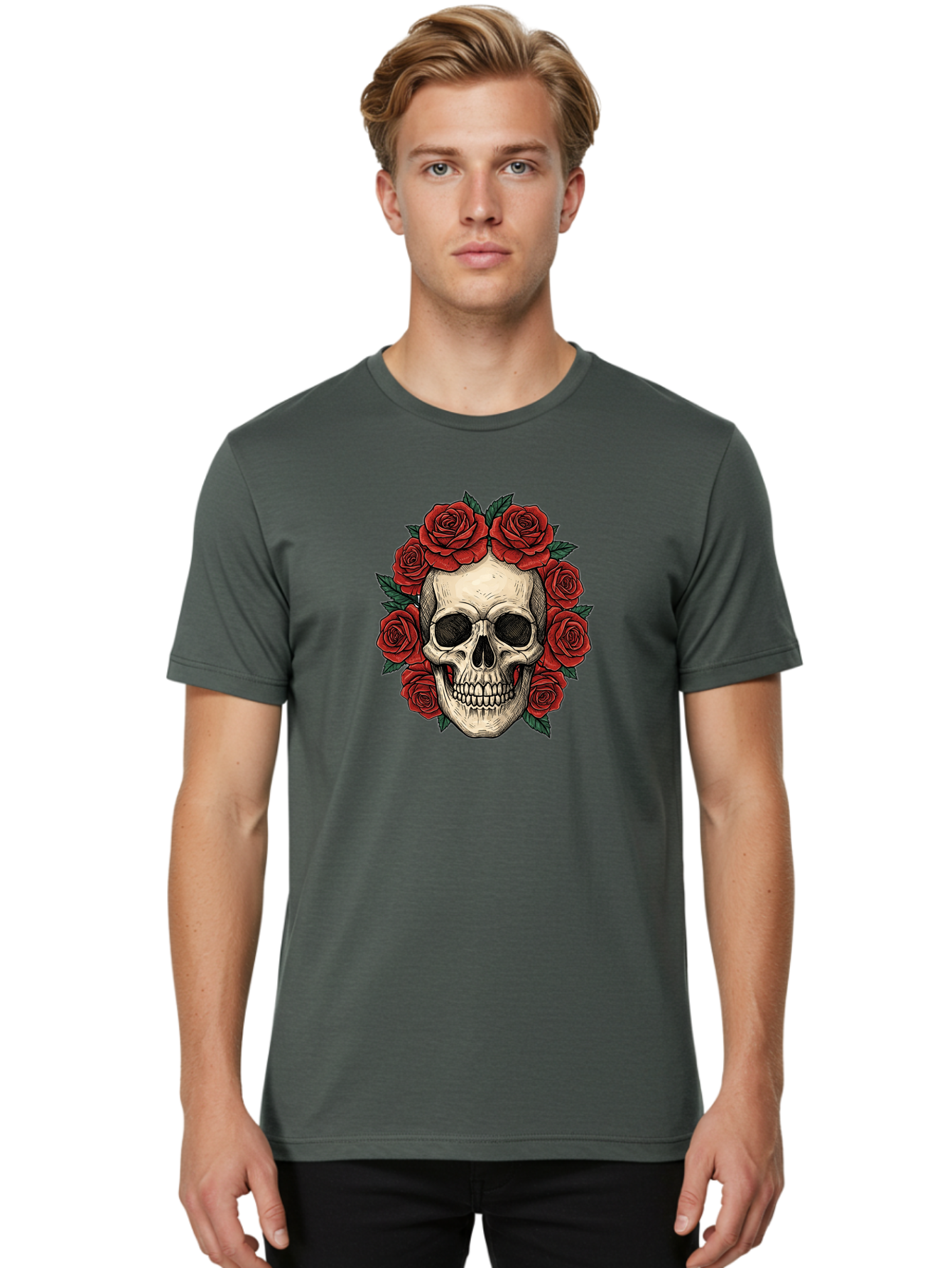 Skull-With-Roses-3 Men'S Graphic Tee, 100% Cotton, Comfortable Casual Summer Wear, Machine Washable, Skull With Red Roses, Sugar Skull, Day Of The Dead, Floral Wreath, Gothic Romance, Dark Art, Vintage Illustration, Red Roses, Tattoo Art Bad616