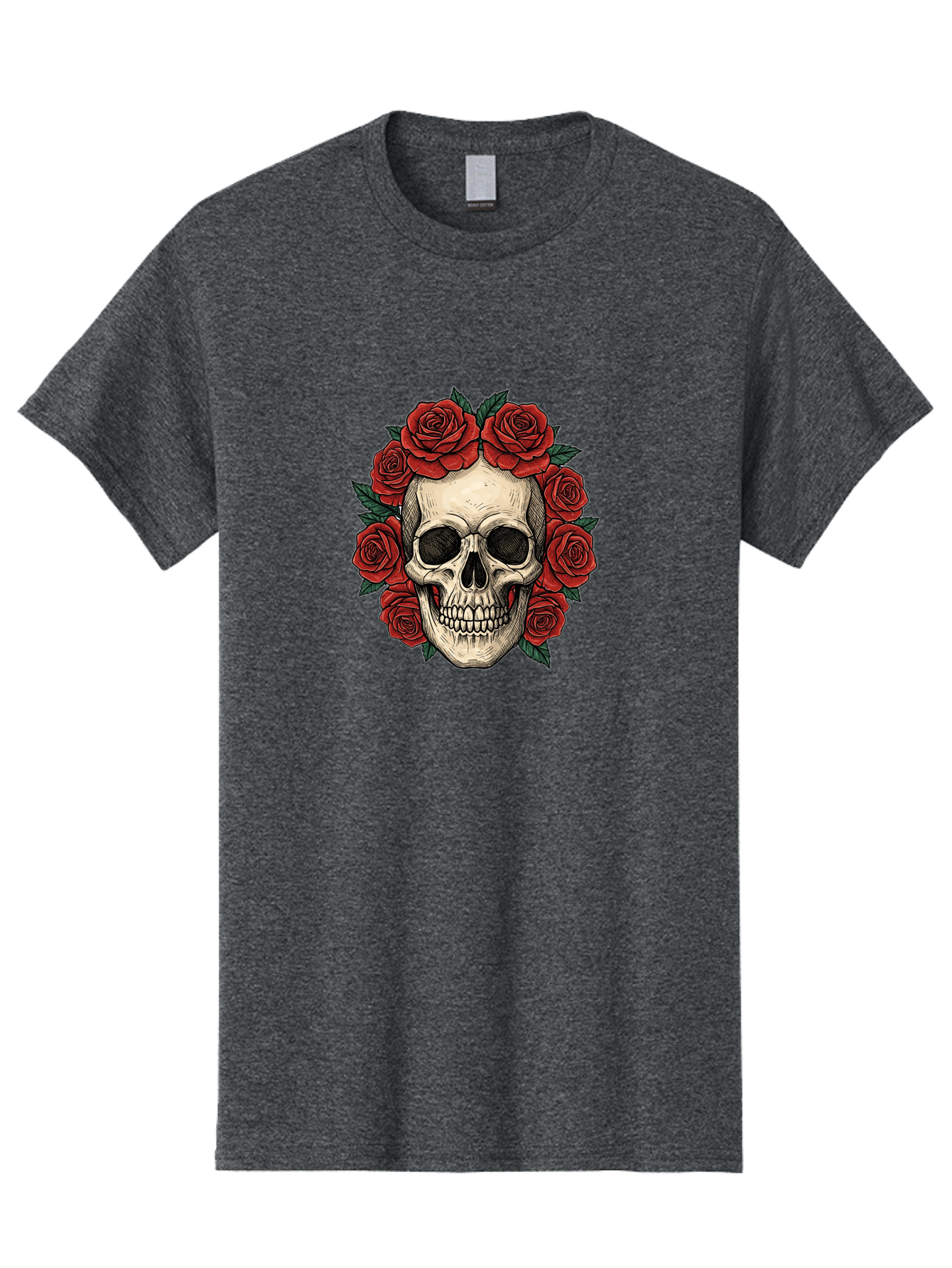 Skull-With-Roses-3 Men'S Graphic Tee, 100% Cotton, Comfortable Casual Summer Wear, Machine Washable, Skull With Red Roses, Sugar Skull, Day Of The Dead, Floral Wreath, Gothic Romance, Dark Art, Vintage Illustration, Red Roses, Tattoo Art Bad616