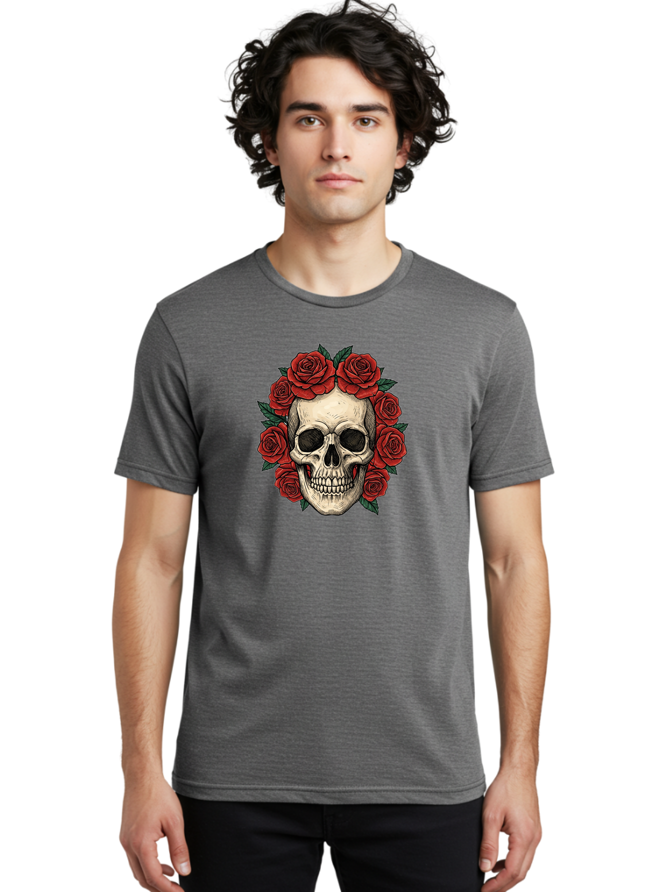 Skull-With-Roses-3 Men'S Graphic Tee, 100% Cotton, Comfortable Casual Summer Wear, Machine Washable, Skull With Red Roses, Sugar Skull, Day Of The Dead, Floral Wreath, Gothic Romance, Dark Art, Vintage Illustration, Red Roses, Tattoo Art Bad616