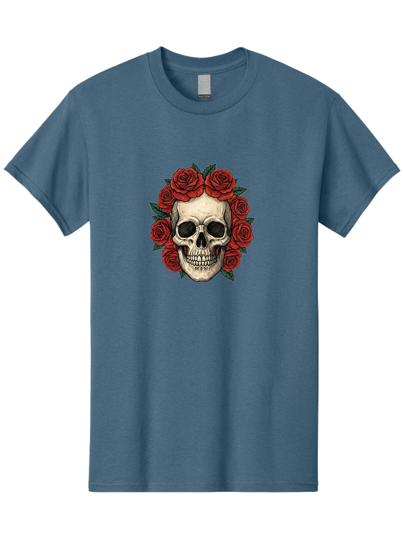 Skull-With-Roses-3 Men'S Graphic Tee, 100% Cotton, Comfortable Casual Summer Wear, Machine Washable, Skull With Red Roses, Sugar Skull, Day Of The Dead, Floral Wreath, Gothic Romance, Dark Art, Vintage Illustration, Red Roses, Tattoo Art Bad616