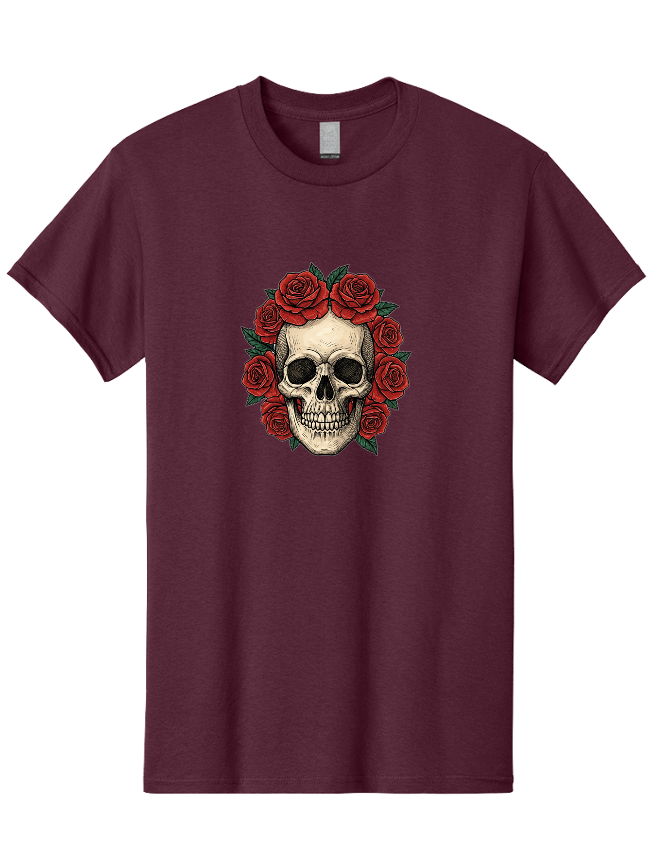 Skull-With-Roses-3 Men'S Graphic Tee, 100% Cotton, Comfortable Casual Summer Wear, Machine Washable, Skull With Red Roses, Sugar Skull, Day Of The Dead, Floral Wreath, Gothic Romance, Dark Art, Vintage Illustration, Red Roses, Tattoo Art Bad616