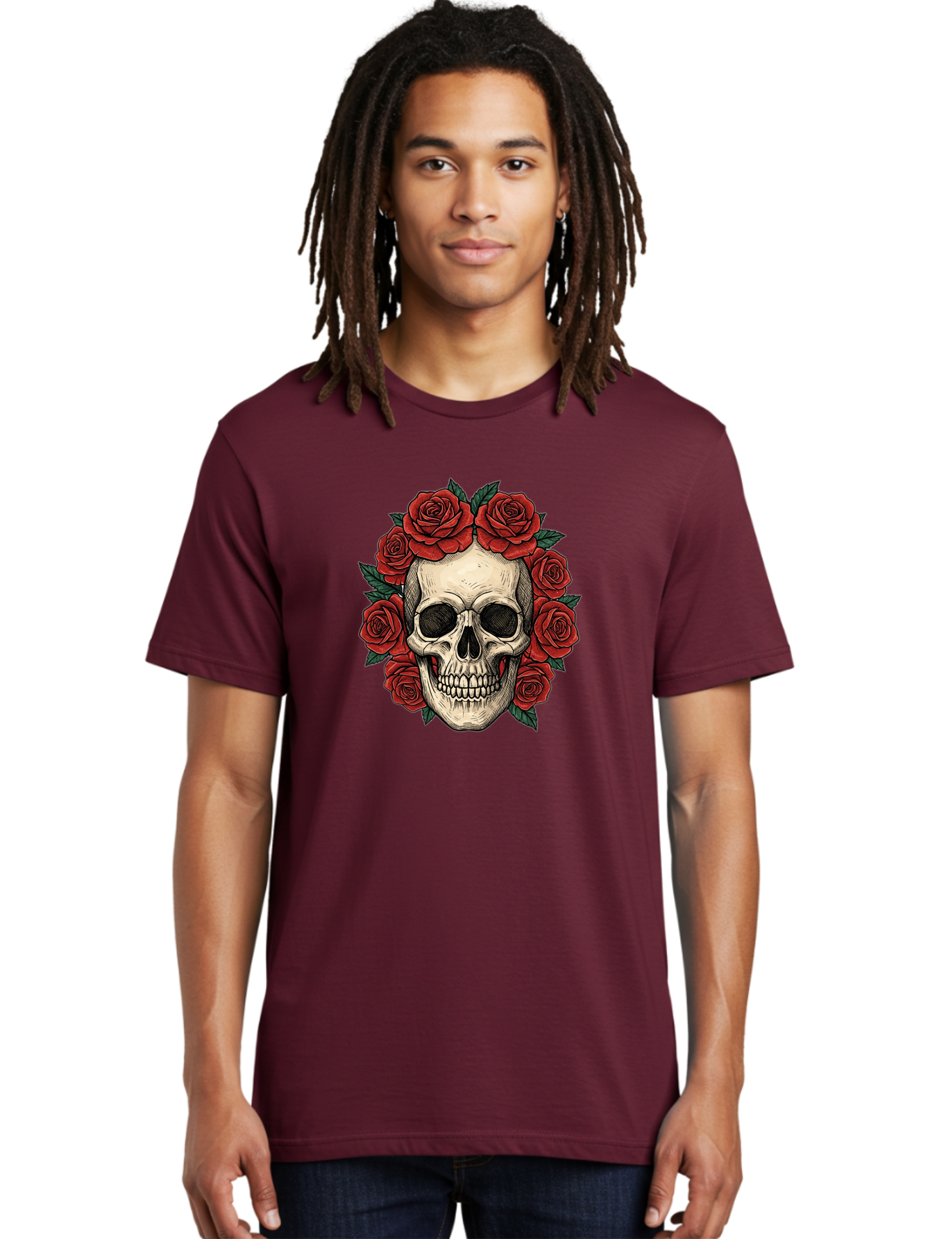 Skull-With-Roses-3 Men'S Graphic Tee, 100% Cotton, Comfortable Casual Summer Wear, Machine Washable, Skull With Red Roses, Sugar Skull, Day Of The Dead, Floral Wreath, Gothic Romance, Dark Art, Vintage Illustration, Red Roses, Tattoo Art Bad616