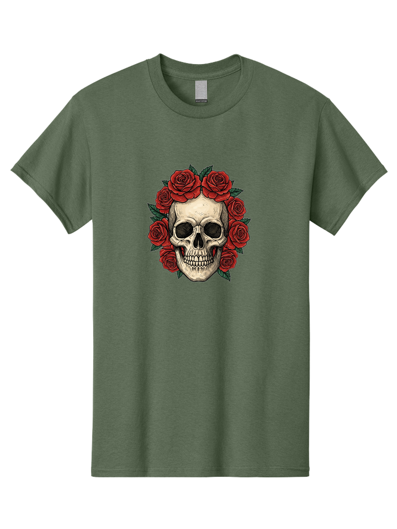 Skull-With-Roses-3 Men'S Graphic Tee, 100% Cotton, Comfortable Casual Summer Wear, Machine Washable, Skull With Red Roses, Sugar Skull, Day Of The Dead, Floral Wreath, Gothic Romance, Dark Art, Vintage Illustration, Red Roses, Tattoo Art Bad616