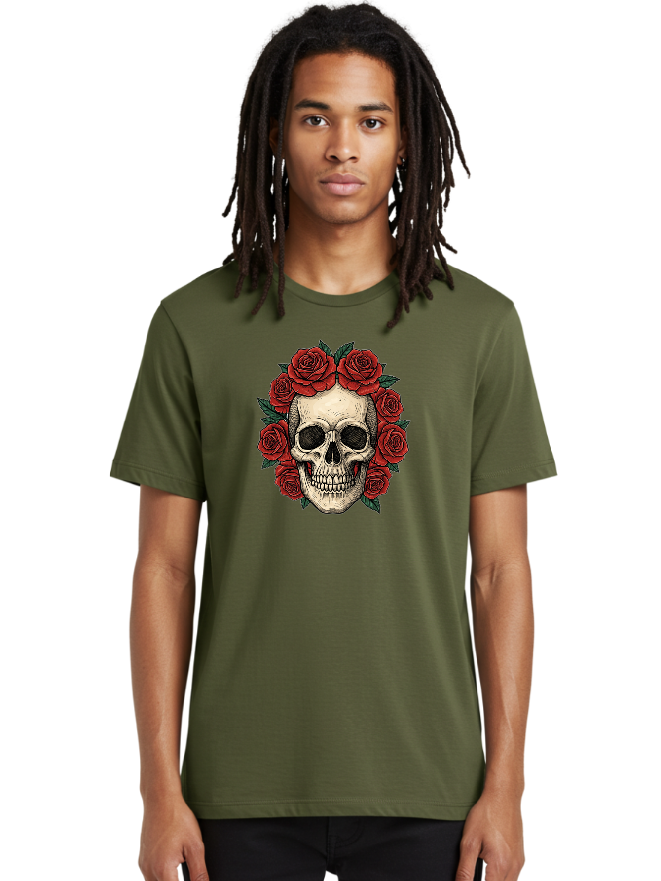 Skull-With-Roses-3 Men'S Graphic Tee, 100% Cotton, Comfortable Casual Summer Wear, Machine Washable, Skull With Red Roses, Sugar Skull, Day Of The Dead, Floral Wreath, Gothic Romance, Dark Art, Vintage Illustration, Red Roses, Tattoo Art Bad616