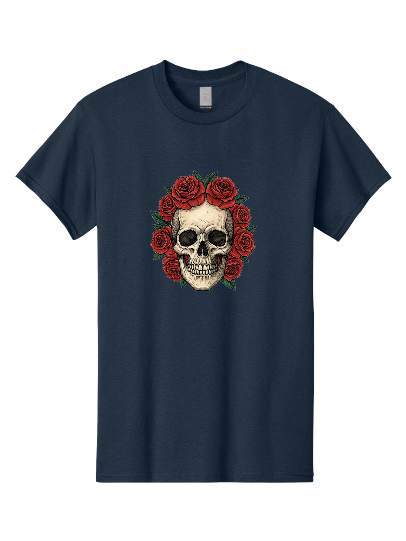 Skull-With-Roses-3 Men'S Graphic Tee, 100% Cotton, Comfortable Casual Summer Wear, Machine Washable, Skull With Red Roses, Sugar Skull, Day Of The Dead, Floral Wreath, Gothic Romance, Dark Art, Vintage Illustration, Red Roses, Tattoo Art Bad616