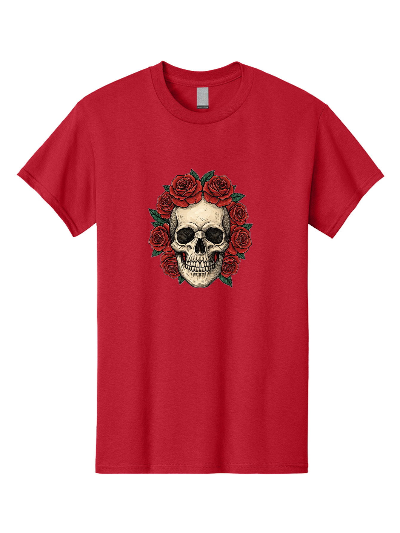 Skull-With-Roses-3 Men'S Graphic Tee, 100% Cotton, Comfortable Casual Summer Wear, Machine Washable, Skull With Red Roses, Sugar Skull, Day Of The Dead, Floral Wreath, Gothic Romance, Dark Art, Vintage Illustration, Red Roses, Tattoo Art Bad616