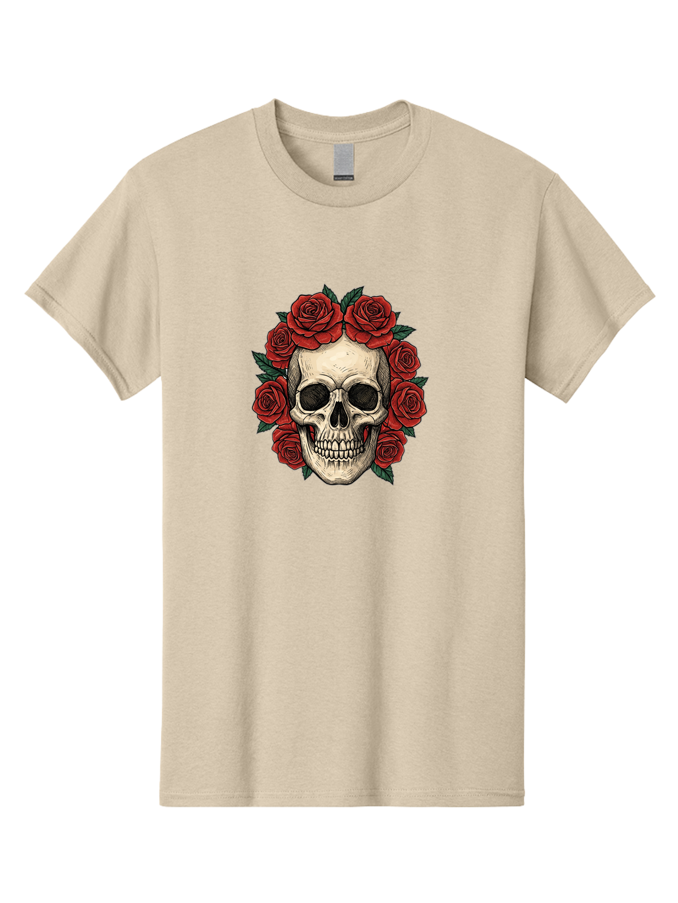 Skull-With-Roses-3 Men'S Graphic Tee, 100% Cotton, Comfortable Casual Summer Wear, Machine Washable, Skull With Red Roses, Sugar Skull, Day Of The Dead, Floral Wreath, Gothic Romance, Dark Art, Vintage Illustration, Red Roses, Tattoo Art Bad616
