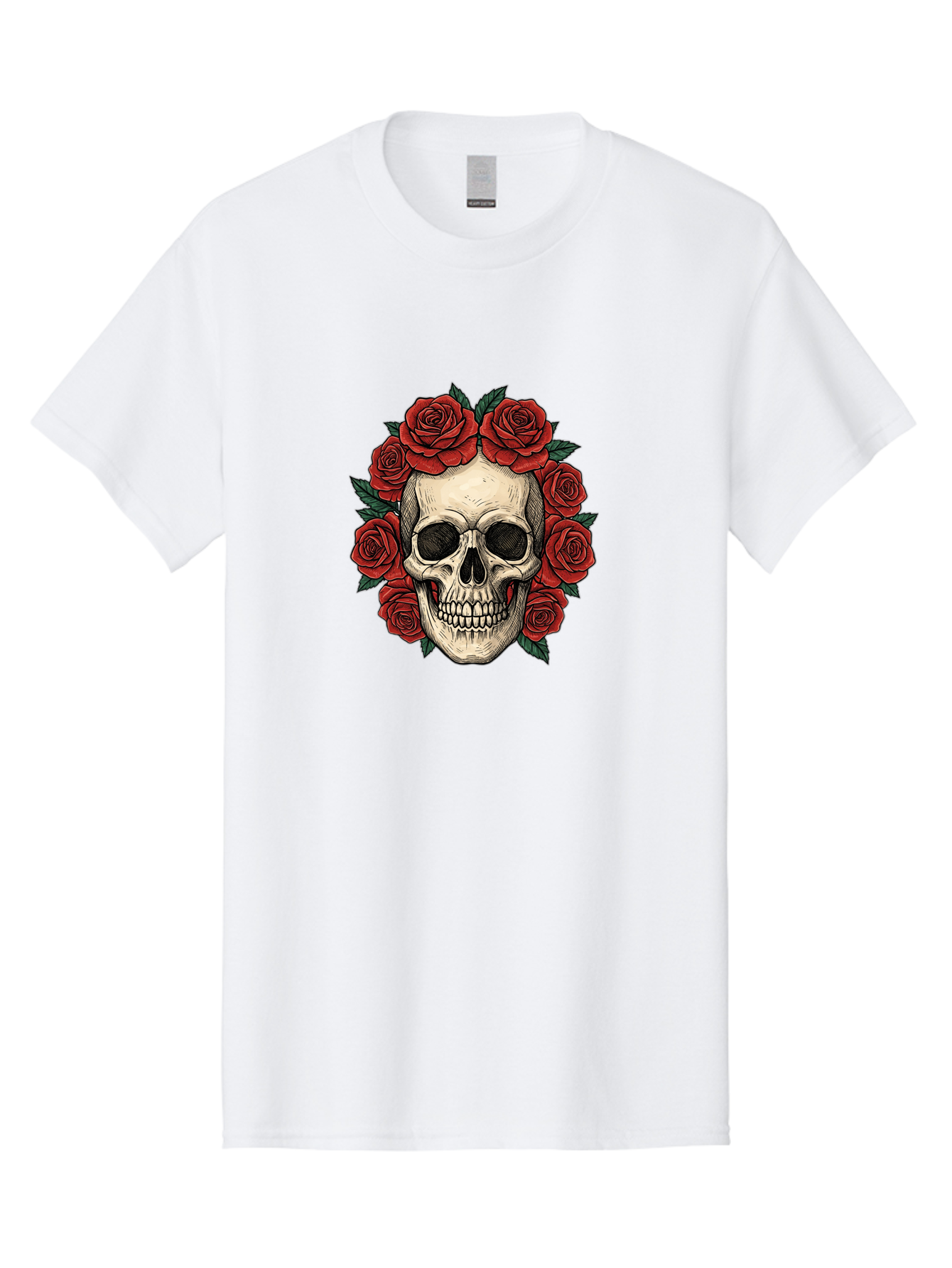 Skull-With-Roses-3 Men'S Graphic Tee, 100% Cotton, Comfortable Casual Summer Wear, Machine Washable, Skull With Red Roses, Sugar Skull, Day Of The Dead, Floral Wreath, Gothic Romance, Dark Art, Vintage Illustration, Red Roses, Tattoo Art Bad616