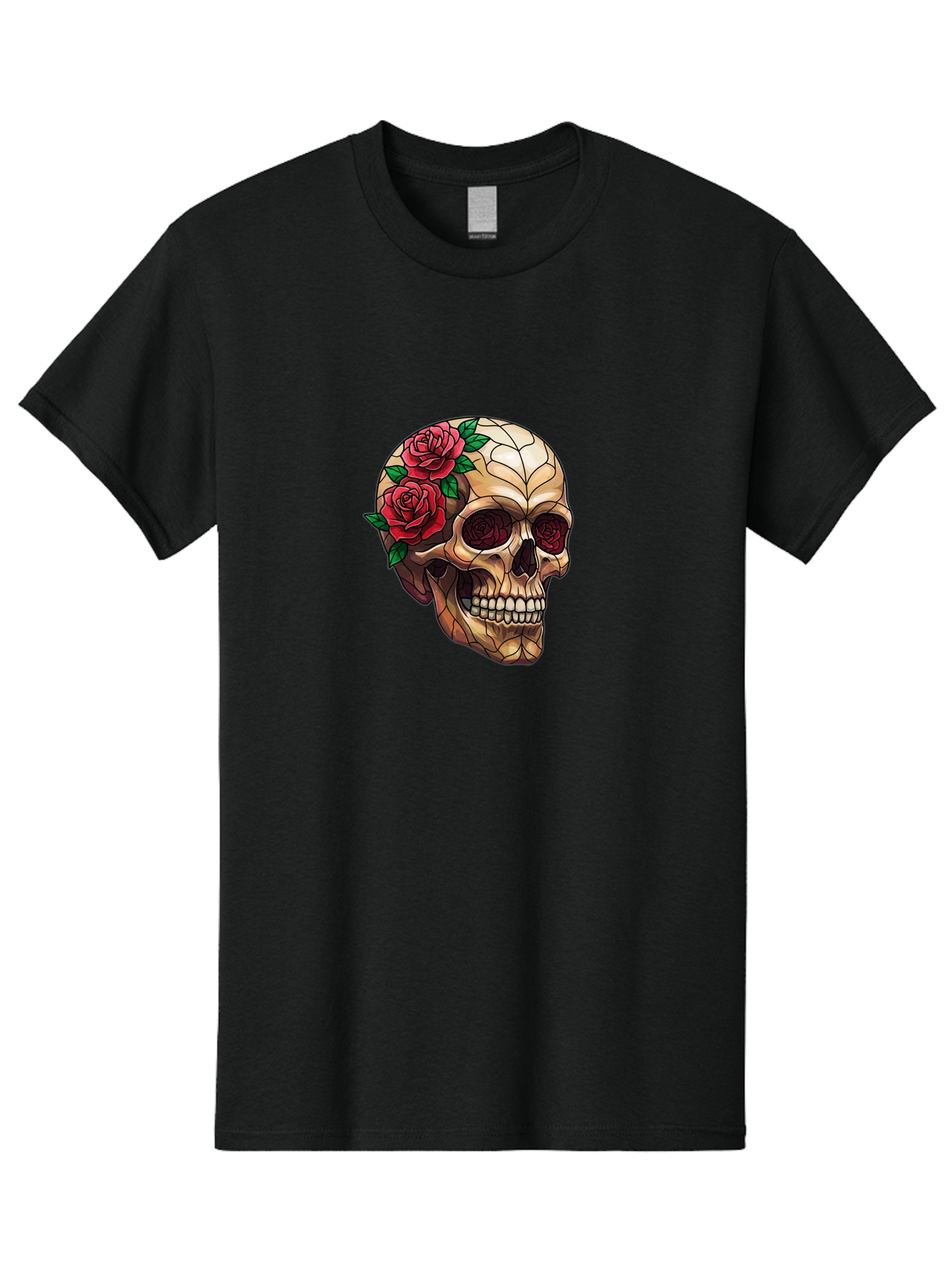 Skull-With-Roses-4 Men'S Graphic Tee, 100% Cotton, Comfortable Casual Summer Wear, Machine Washable, Human Skull, Sugar Skull, Red Roses, Floral Design, Stained Glass Effect, Gothic Style, Tattoo Art, Rose Eyes, Death And Beauty, Floral Skull Bad617
