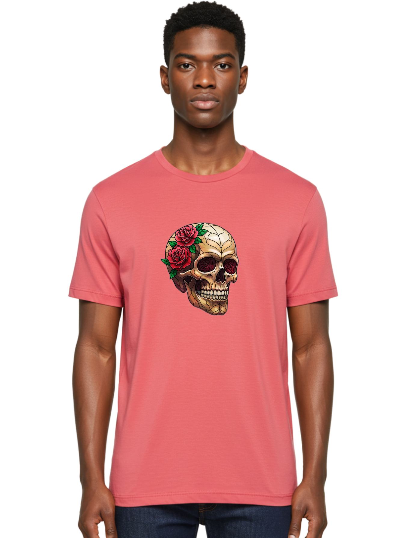 Skull-With-Roses-4 Men'S Graphic Tee, 100% Cotton, Comfortable Casual Summer Wear, Machine Washable, Human Skull, Sugar Skull, Red Roses, Floral Design, Stained Glass Effect, Gothic Style, Tattoo Art, Rose Eyes, Death And Beauty, Floral Skull Bad617