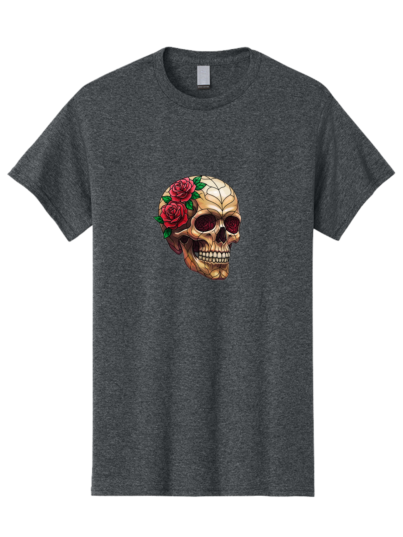 Skull-With-Roses-4 Men'S Graphic Tee, 100% Cotton, Comfortable Casual Summer Wear, Machine Washable, Human Skull, Sugar Skull, Red Roses, Floral Design, Stained Glass Effect, Gothic Style, Tattoo Art, Rose Eyes, Death And Beauty, Floral Skull Bad617