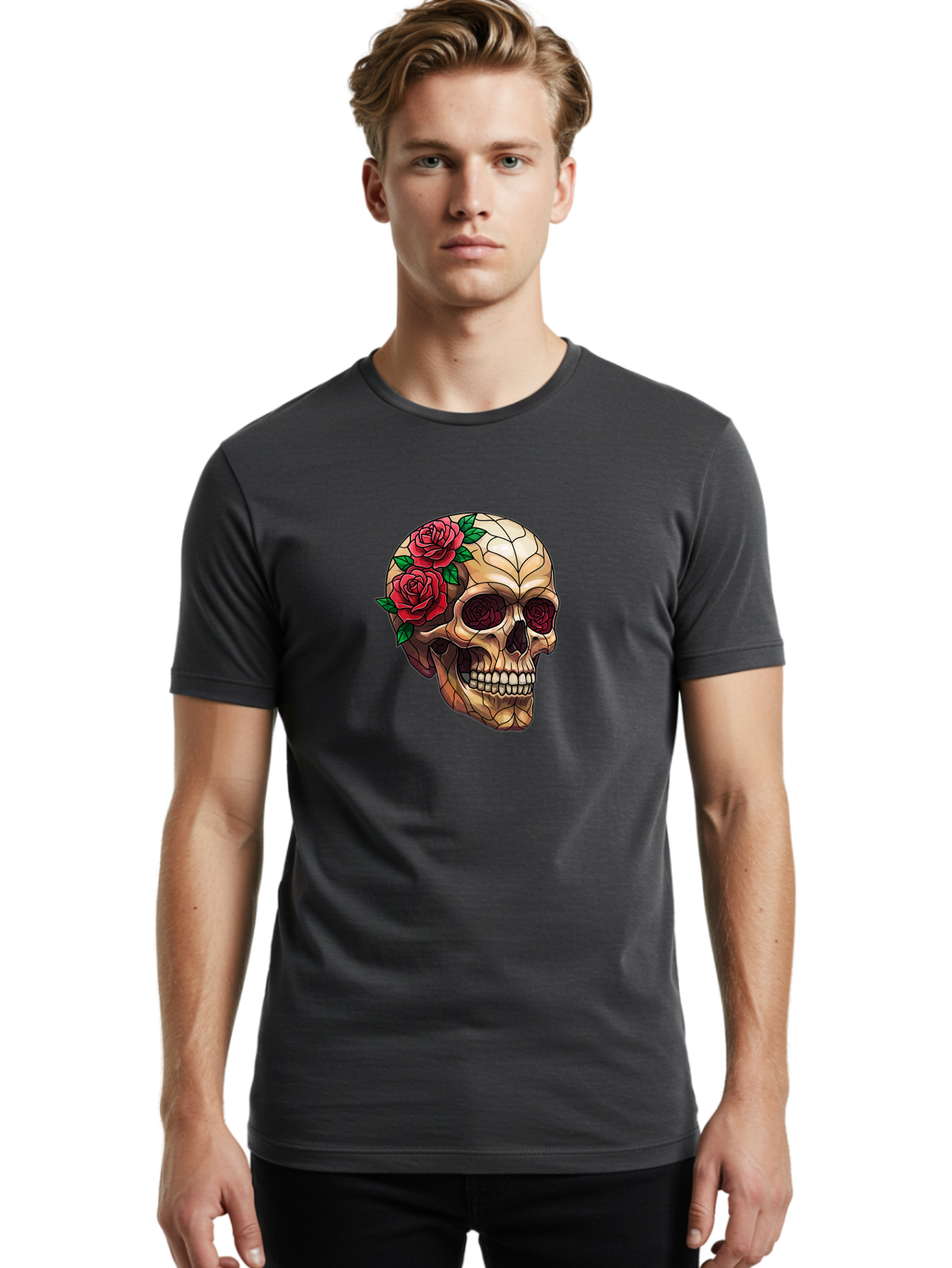 Skull-With-Roses-4 Men'S Graphic Tee, 100% Cotton, Comfortable Casual Summer Wear, Machine Washable, Human Skull, Sugar Skull, Red Roses, Floral Design, Stained Glass Effect, Gothic Style, Tattoo Art, Rose Eyes, Death And Beauty, Floral Skull Bad617