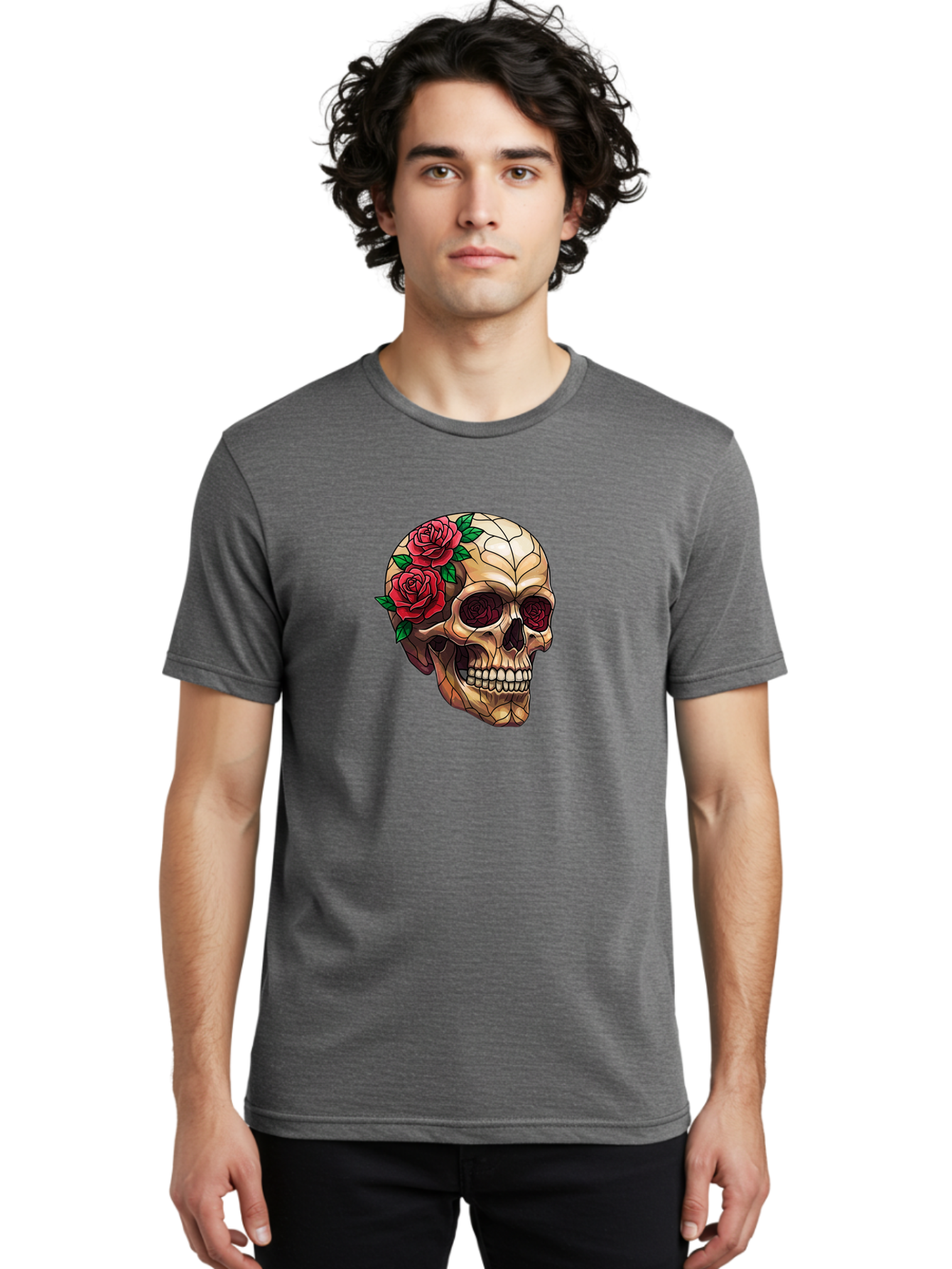 Skull-With-Roses-4 Men'S Graphic Tee, 100% Cotton, Comfortable Casual Summer Wear, Machine Washable, Human Skull, Sugar Skull, Red Roses, Floral Design, Stained Glass Effect, Gothic Style, Tattoo Art, Rose Eyes, Death And Beauty, Floral Skull Bad617