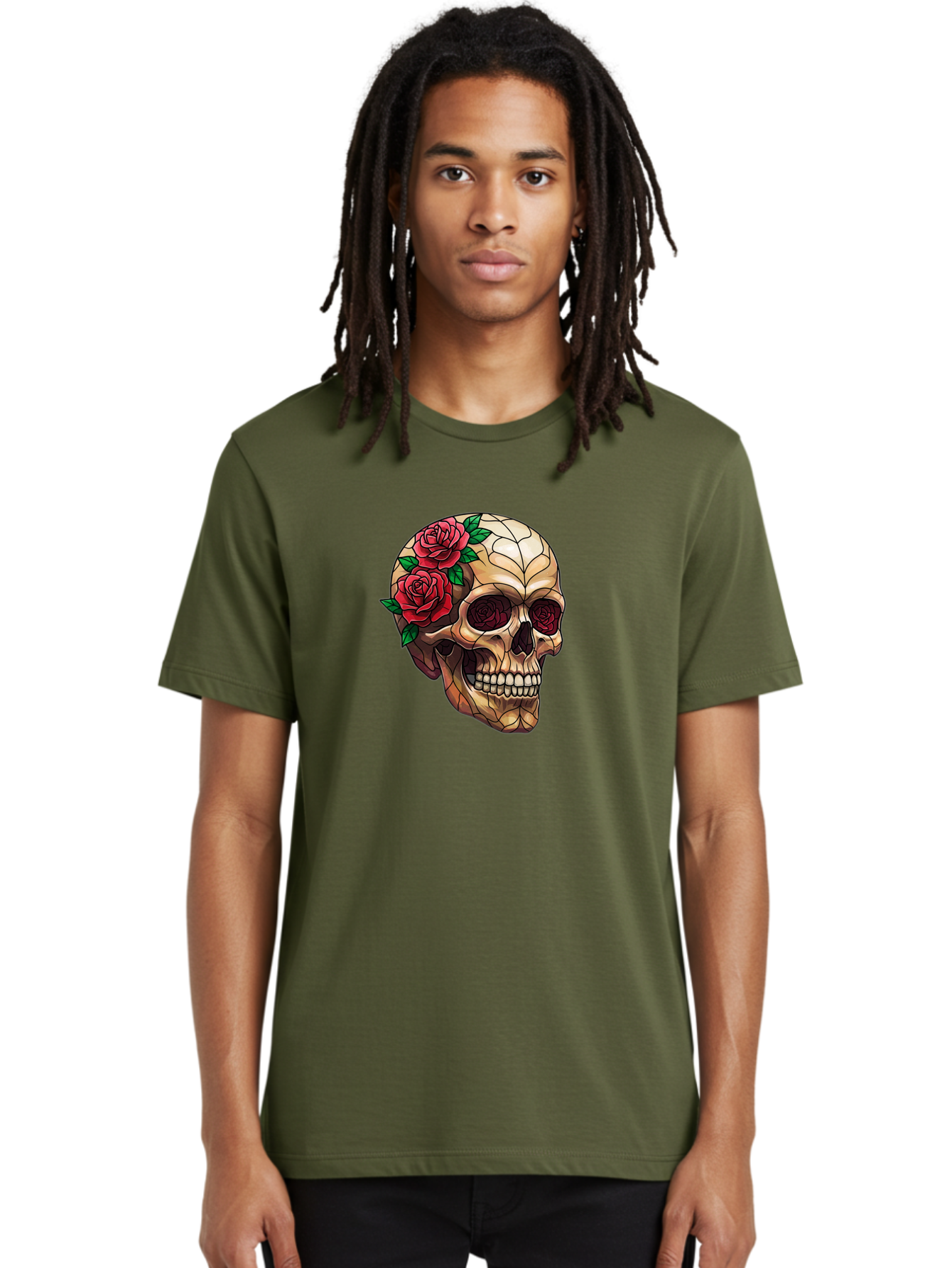 Skull-With-Roses-4 Men'S Graphic Tee, 100% Cotton, Comfortable Casual Summer Wear, Machine Washable, Human Skull, Sugar Skull, Red Roses, Floral Design, Stained Glass Effect, Gothic Style, Tattoo Art, Rose Eyes, Death And Beauty, Floral Skull Bad617