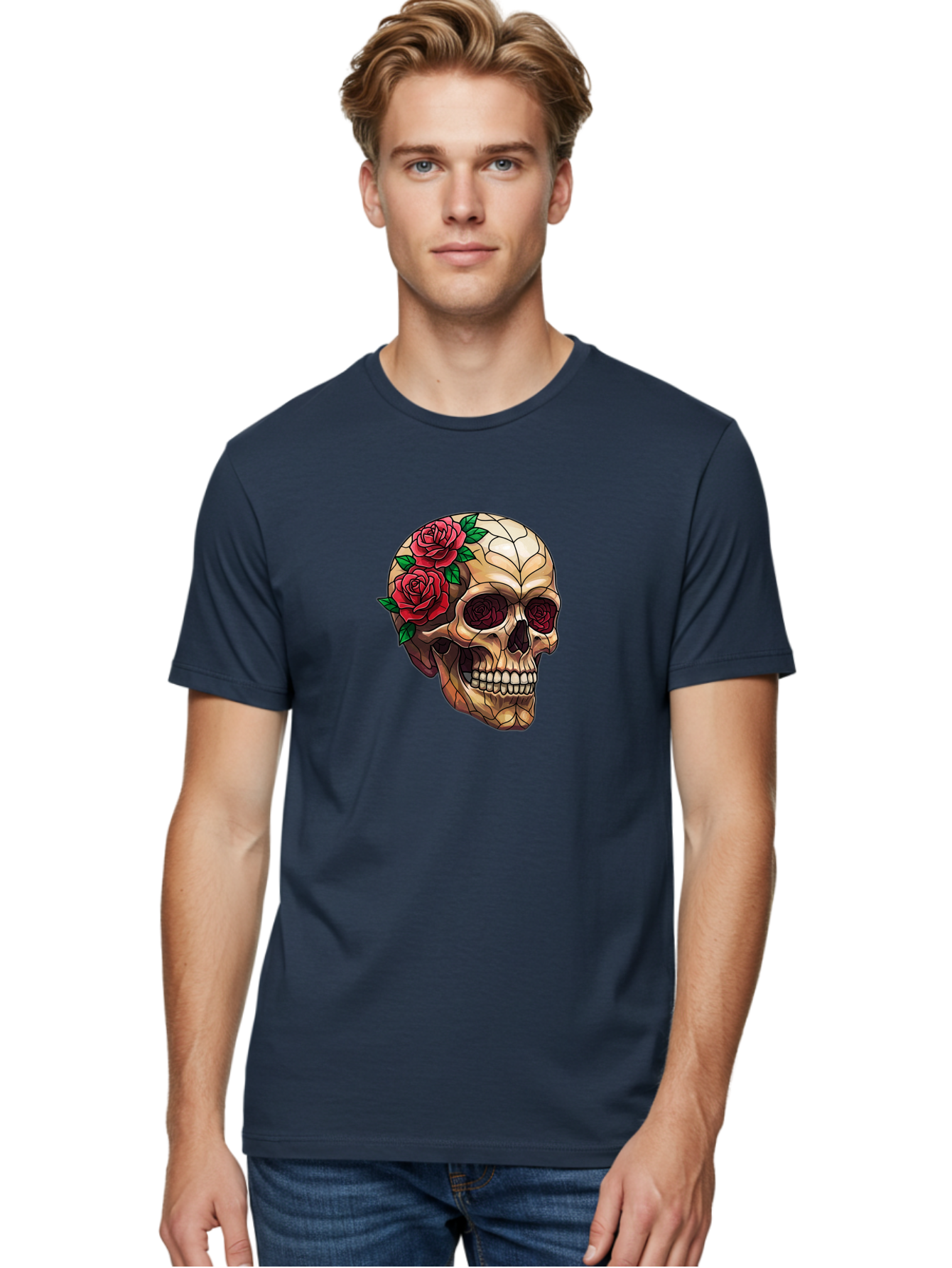 Skull-With-Roses-4 Men'S Graphic Tee, 100% Cotton, Comfortable Casual Summer Wear, Machine Washable, Human Skull, Sugar Skull, Red Roses, Floral Design, Stained Glass Effect, Gothic Style, Tattoo Art, Rose Eyes, Death And Beauty, Floral Skull Bad617