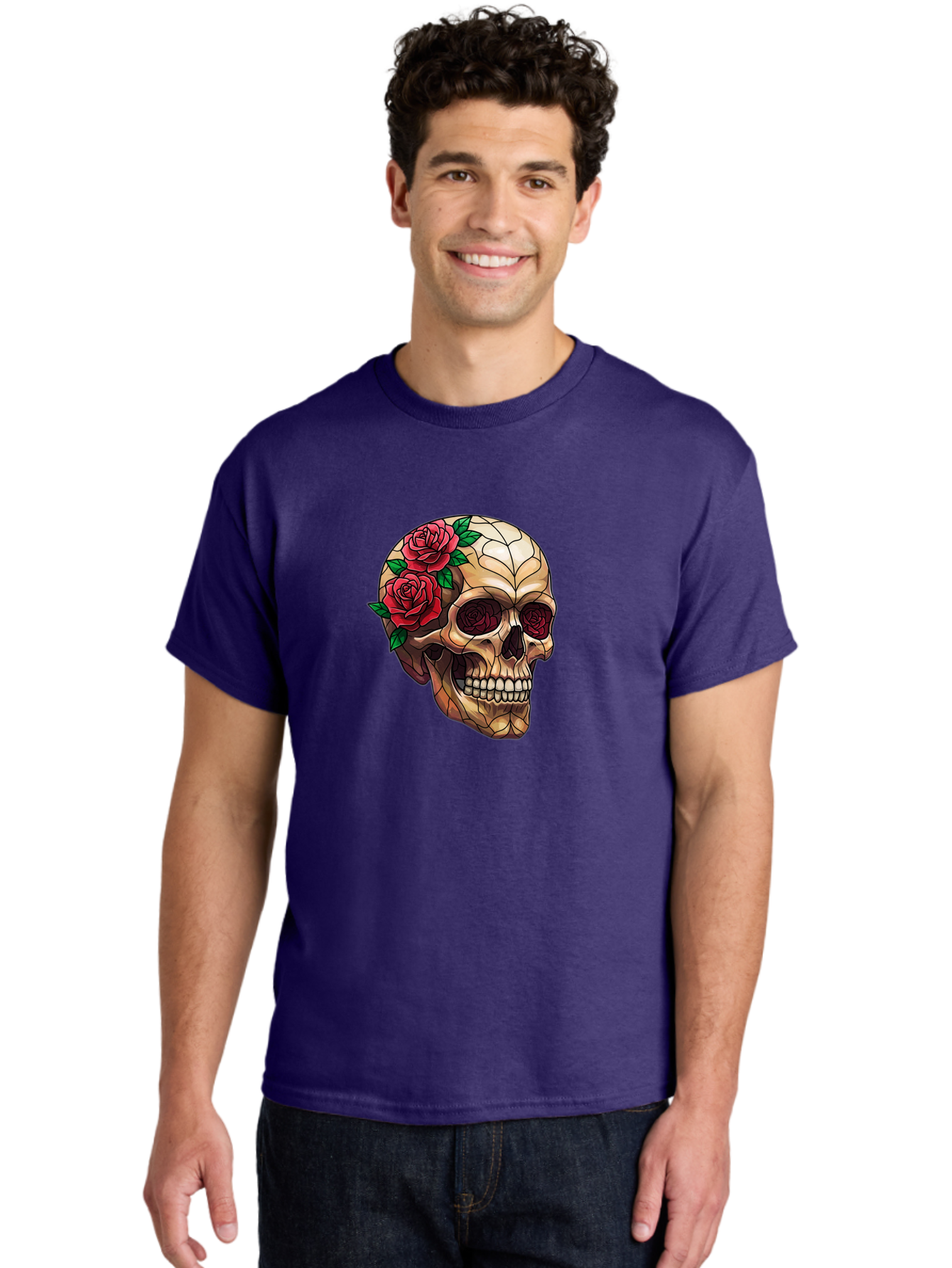 Skull-With-Roses-4 Men'S Graphic Tee, 100% Cotton, Comfortable Casual Summer Wear, Machine Washable, Human Skull, Sugar Skull, Red Roses, Floral Design, Stained Glass Effect, Gothic Style, Tattoo Art, Rose Eyes, Death And Beauty, Floral Skull Bad617