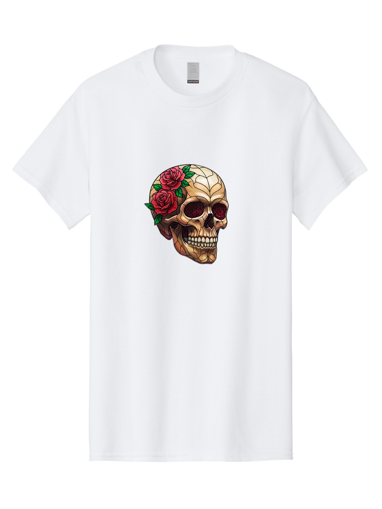 Skull-With-Roses-4 Men'S Graphic Tee, 100% Cotton, Comfortable Casual Summer Wear, Machine Washable, Human Skull, Sugar Skull, Red Roses, Floral Design, Stained Glass Effect, Gothic Style, Tattoo Art, Rose Eyes, Death And Beauty, Floral Skull Bad617