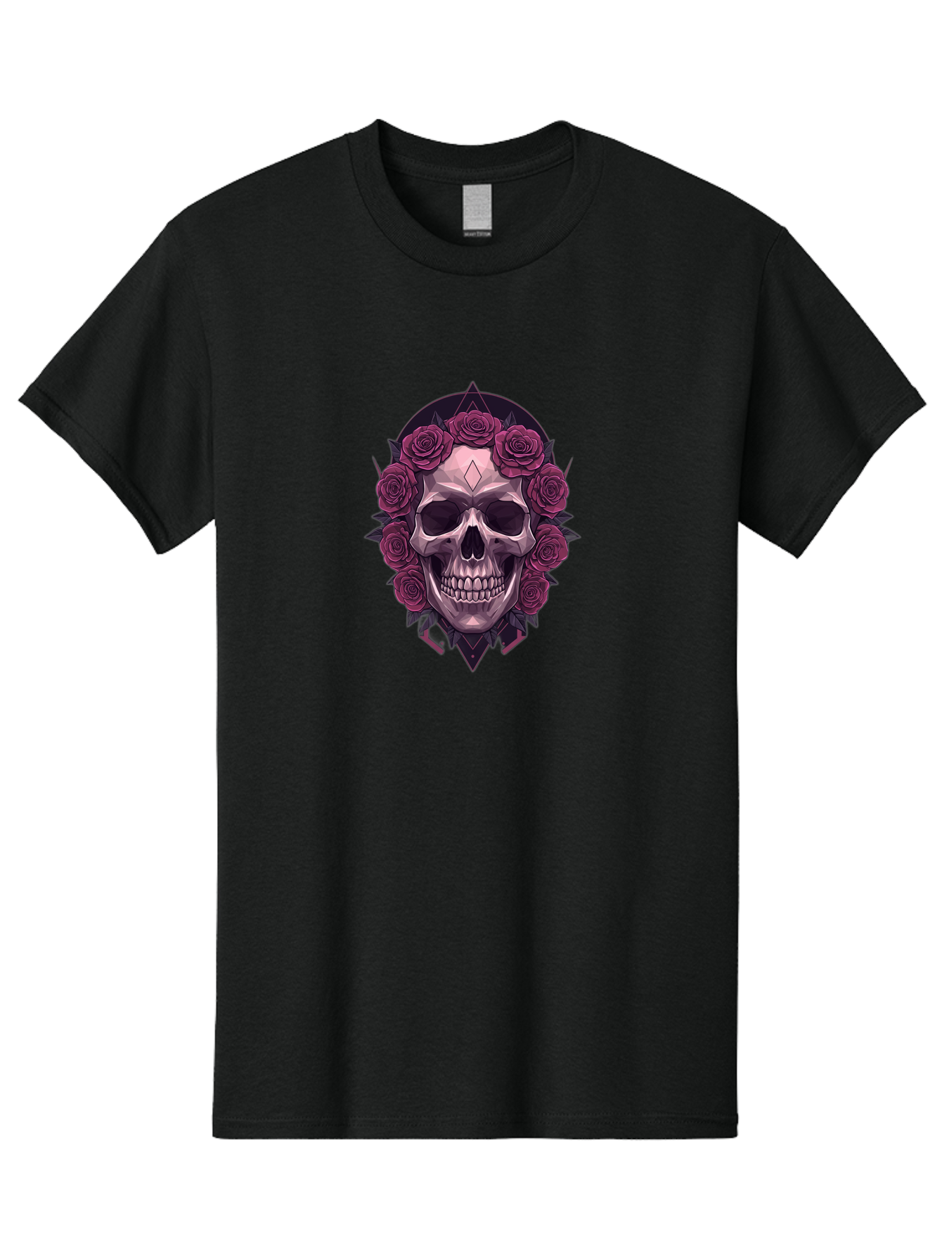 Skull-With-Roses-5 Men'S Graphic Tee, 100% Cotton, Comfortable Casual Summer Wear, Machine Washable, Human Skull, Purple Roses, Diamond-Shaped Gem, Gothic Design, Dark Art, Floral Wreath, Mystical Symbol, Tattoo Art, Grunge Style, Bad618