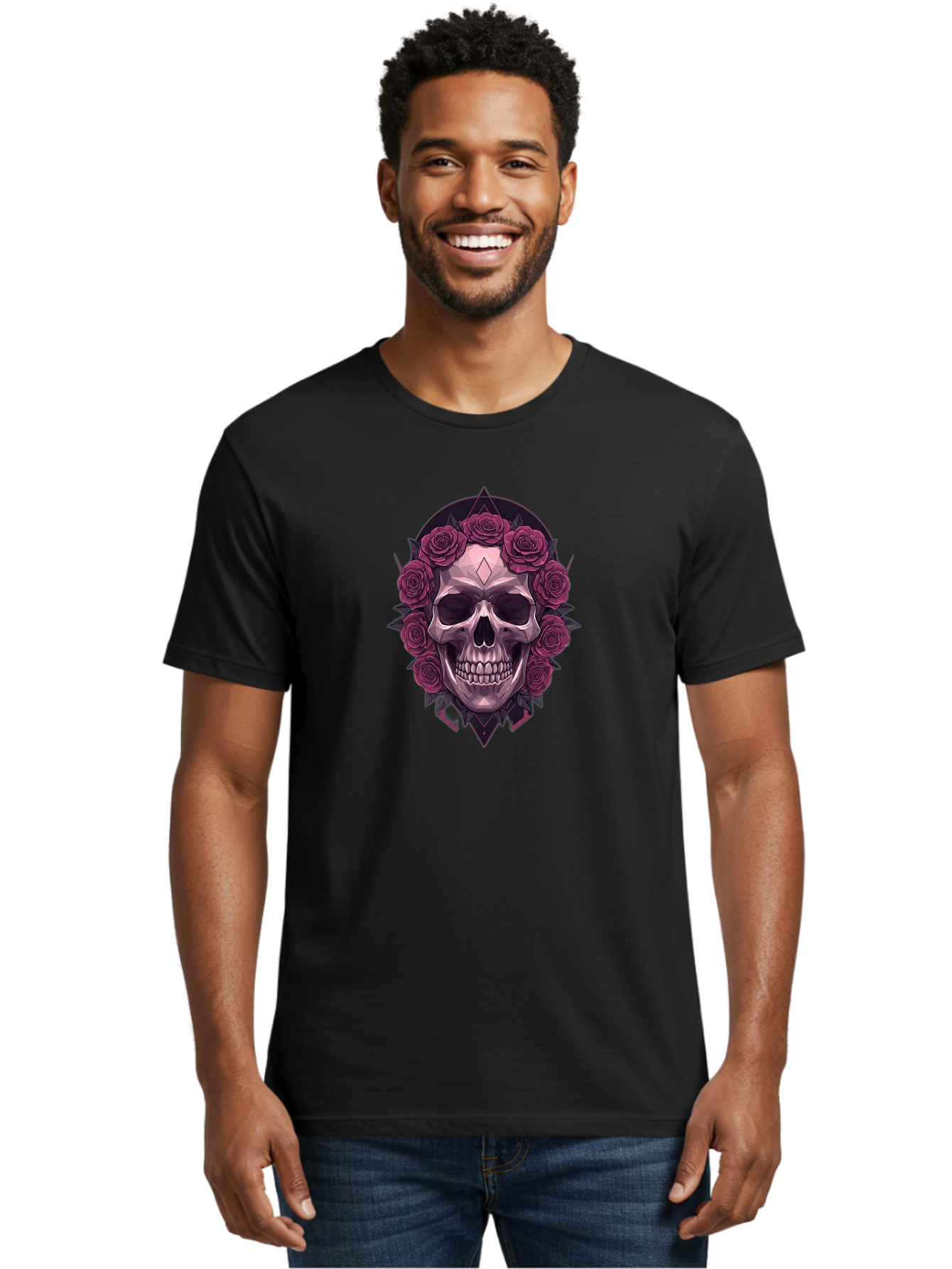 Skull-With-Roses-5 Men'S Graphic Tee, 100% Cotton, Comfortable Casual Summer Wear, Machine Washable, Human Skull, Purple Roses, Diamond-Shaped Gem, Gothic Design, Dark Art, Floral Wreath, Mystical Symbol, Tattoo Art, Grunge Style, Bad618