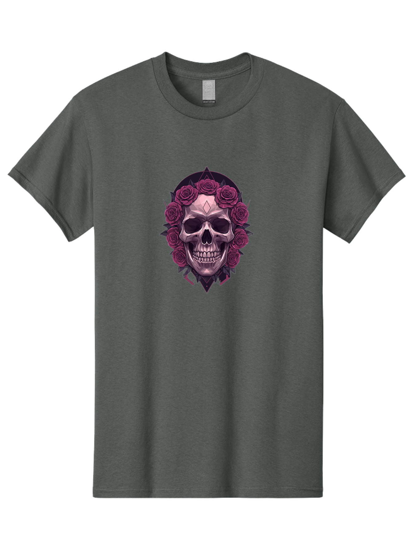 Skull-With-Roses-5 Men'S Graphic Tee, 100% Cotton, Comfortable Casual Summer Wear, Machine Washable, Human Skull, Purple Roses, Diamond-Shaped Gem, Gothic Design, Dark Art, Floral Wreath, Mystical Symbol, Tattoo Art, Grunge Style, Bad618